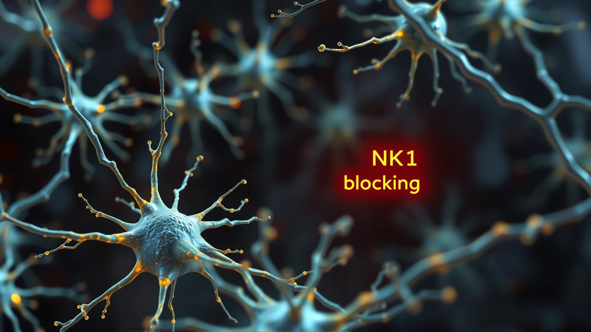Stylized macro image of neurons with glowing synapses and a highlighted NK1 receptor blocking signal, abstract medical visualization, no text