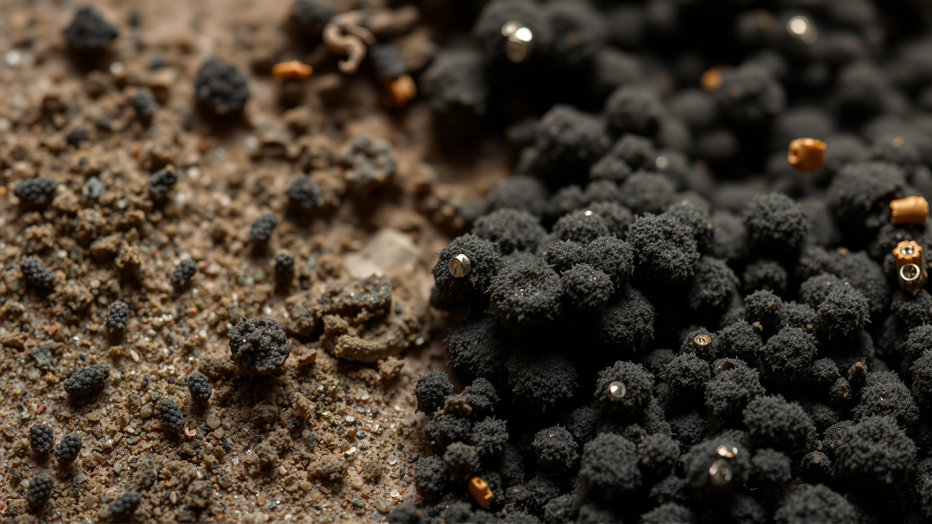 Macro shot of Stachybotrys (black mold) growing on damp drywall, high detail