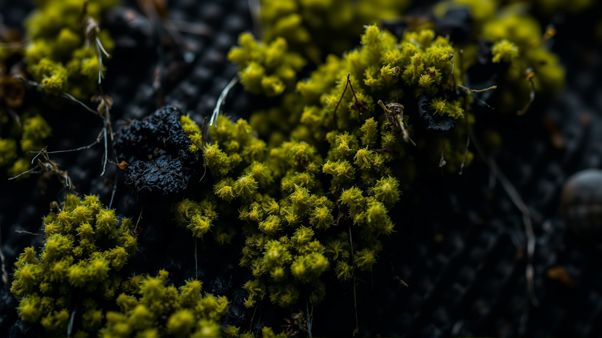 Close-up photo of green and black mold growing on damp fabric fibers, high contrast detail