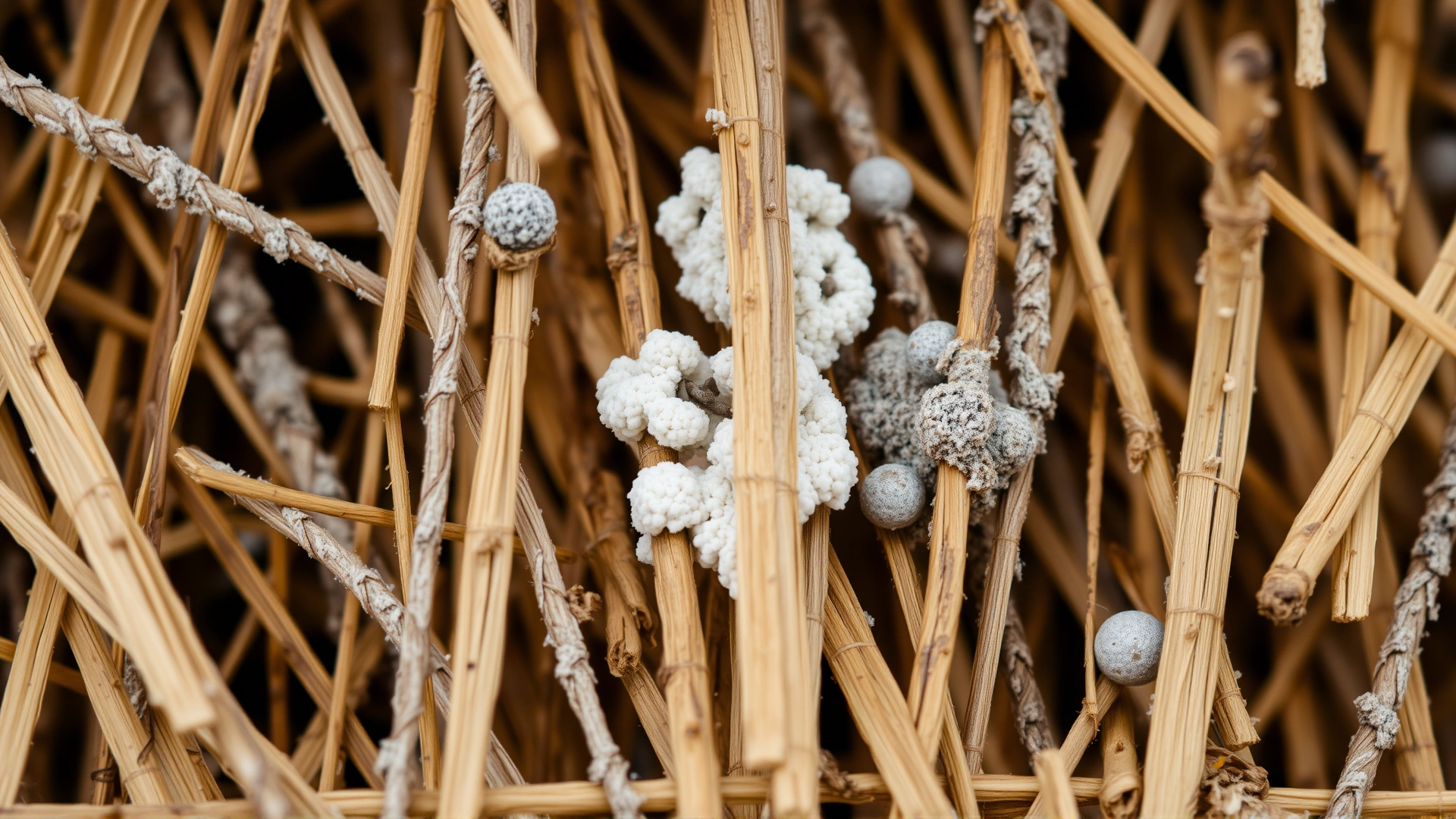 Macro photograph of horse hay showing distinct white and grey mold growing between stalks; detailed texture with visible spores.