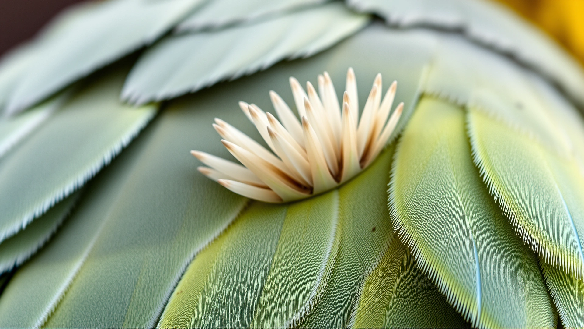Macro shot of new feathers (pin feathers) emerging on a parrot’s wing during molting, detailed texture; no text