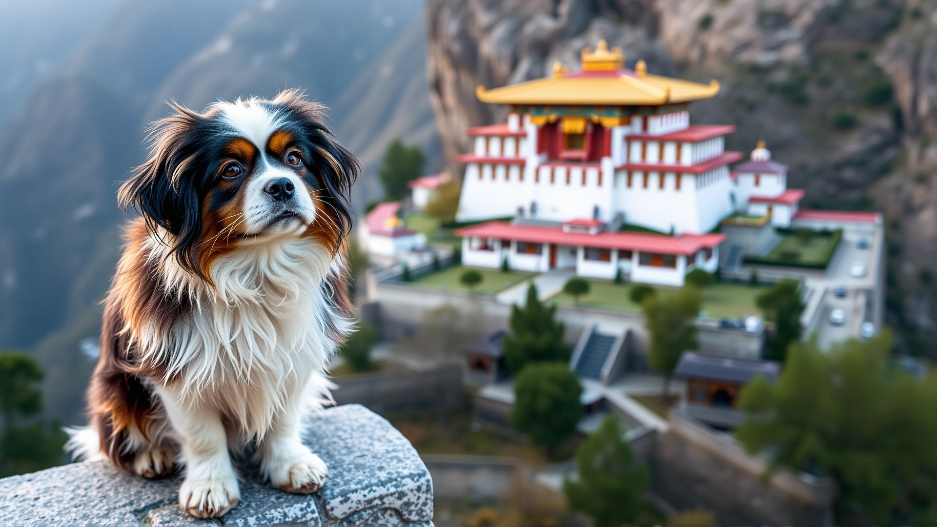Tibetan Spaniel perched on a low wall overlooking a mountain monastery courtyard, early morning light.