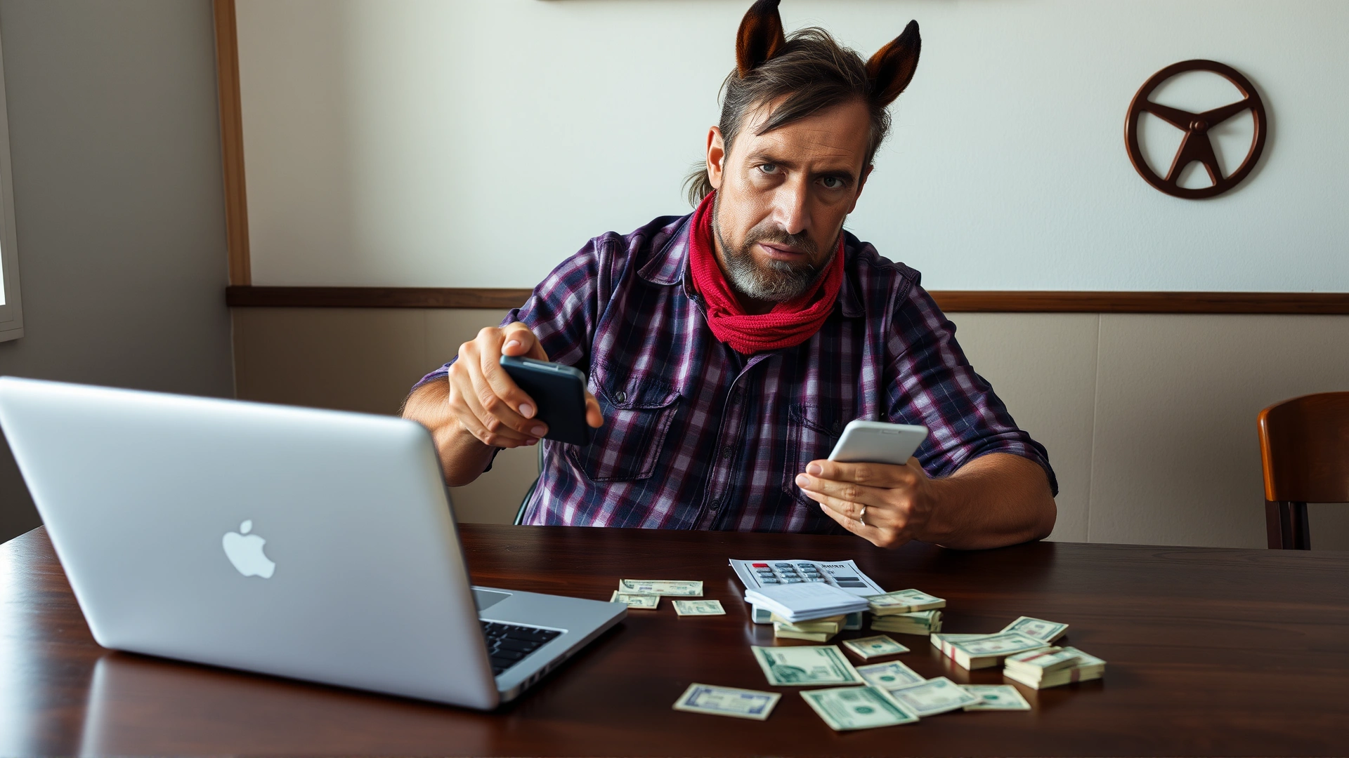 Horse owner using a calculator and laptop with bills on table, representing cost considerations