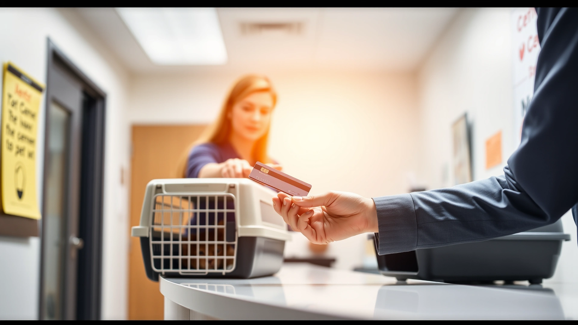 Close-up of a person handing a credit card to a veterinary receptionist with a cat carrier on the counter; concept of paying vet bills; bright office lighting.