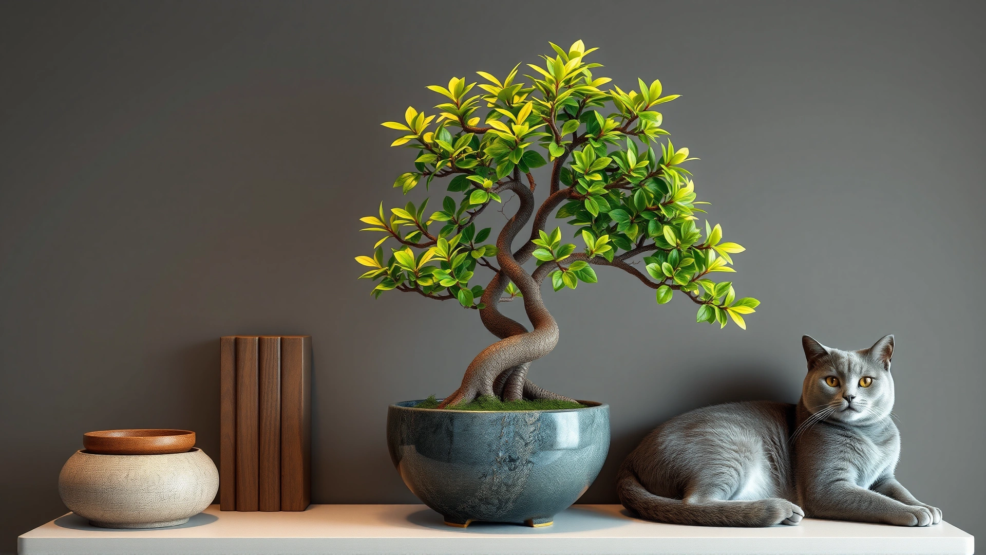Money tree (Pachira aquatica) in a stylish ceramic pot placed on a shelf with a gray cat lounging next to it.