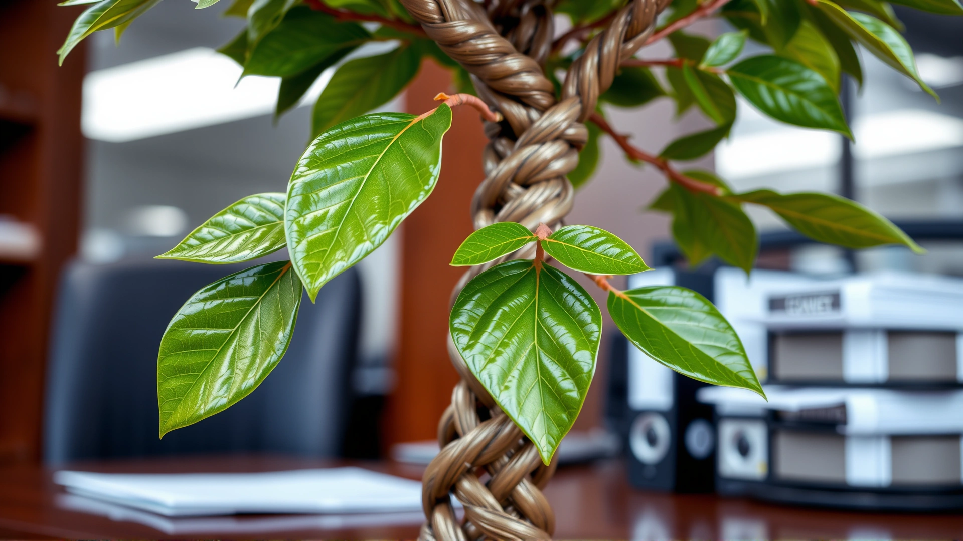 Close-up of a braided trunk money tree with glossy green leaves, staged on an office desk.