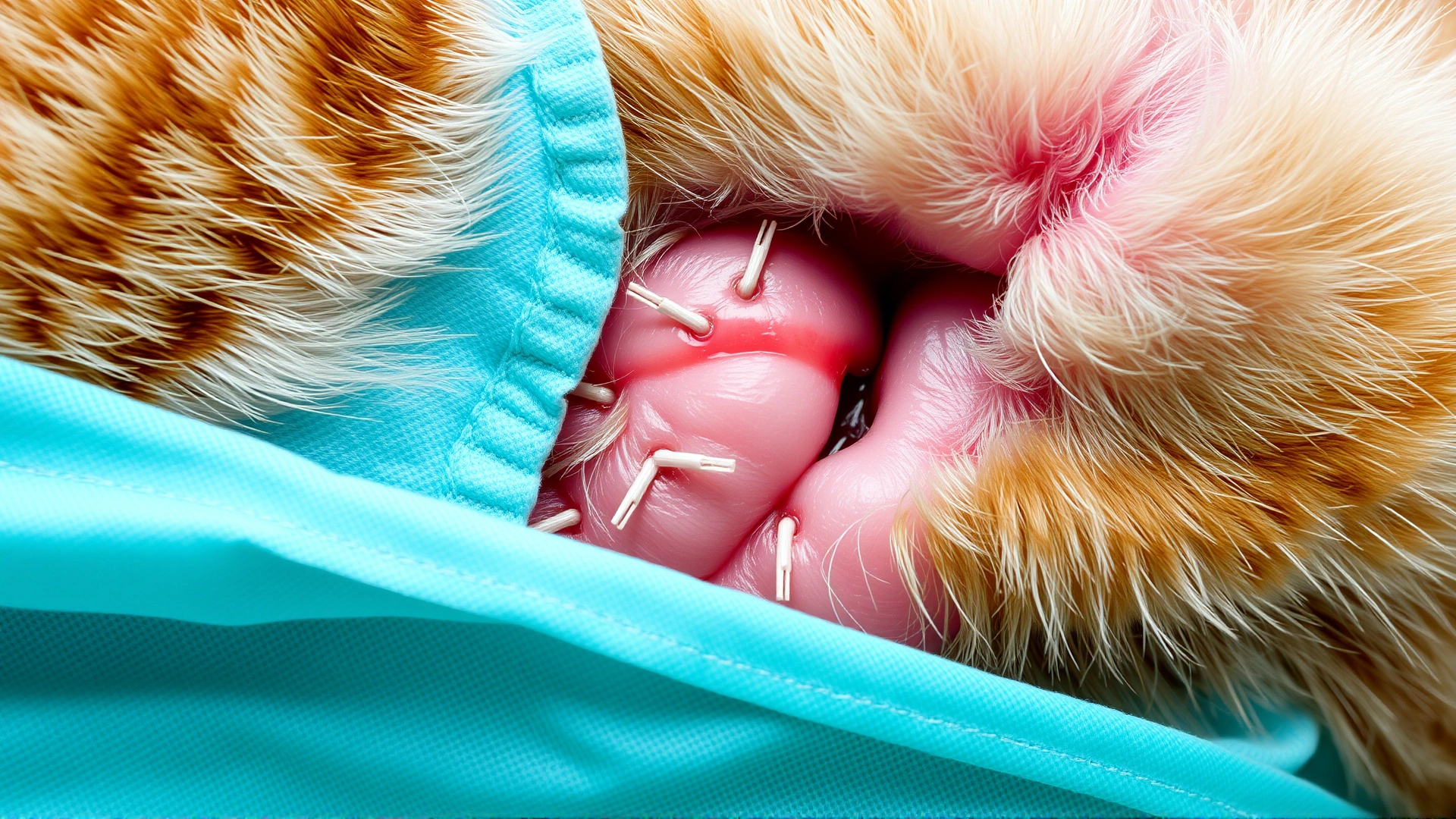 Macro shot of a healing surgical incision with neat sutures on a cat’s abdomen, showing minimal redness and no discharge.