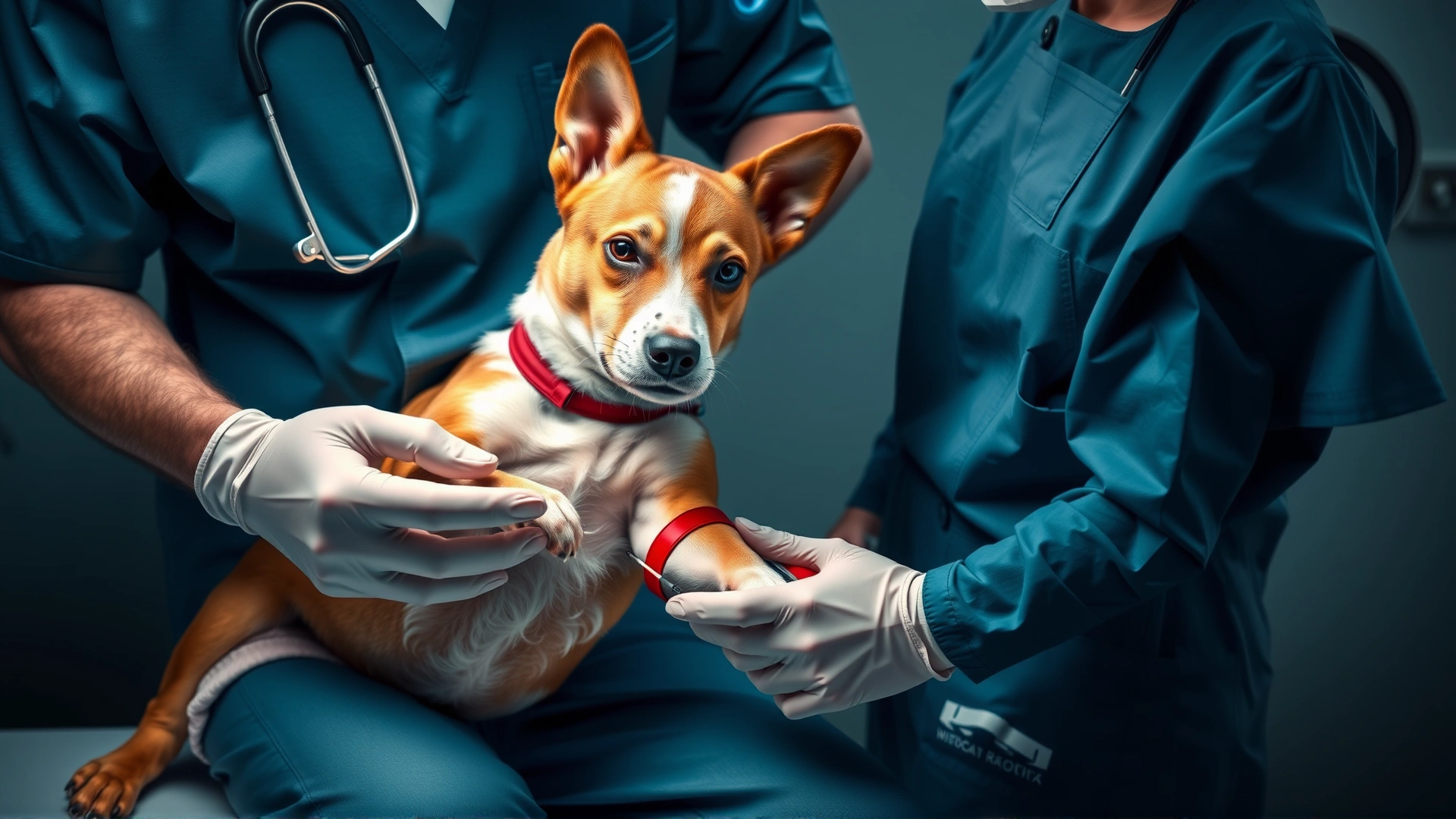 Veterinarian drawing blood from a dog's front leg while an assistant gently holds the dog.