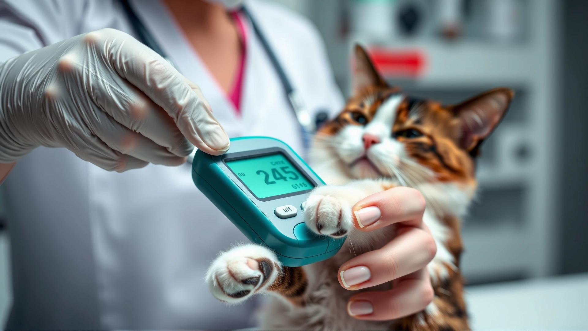 Veterinarian measuring a cat’s blood glucose with a handheld meter, close-up of the cat’s paw and device, clinical background.