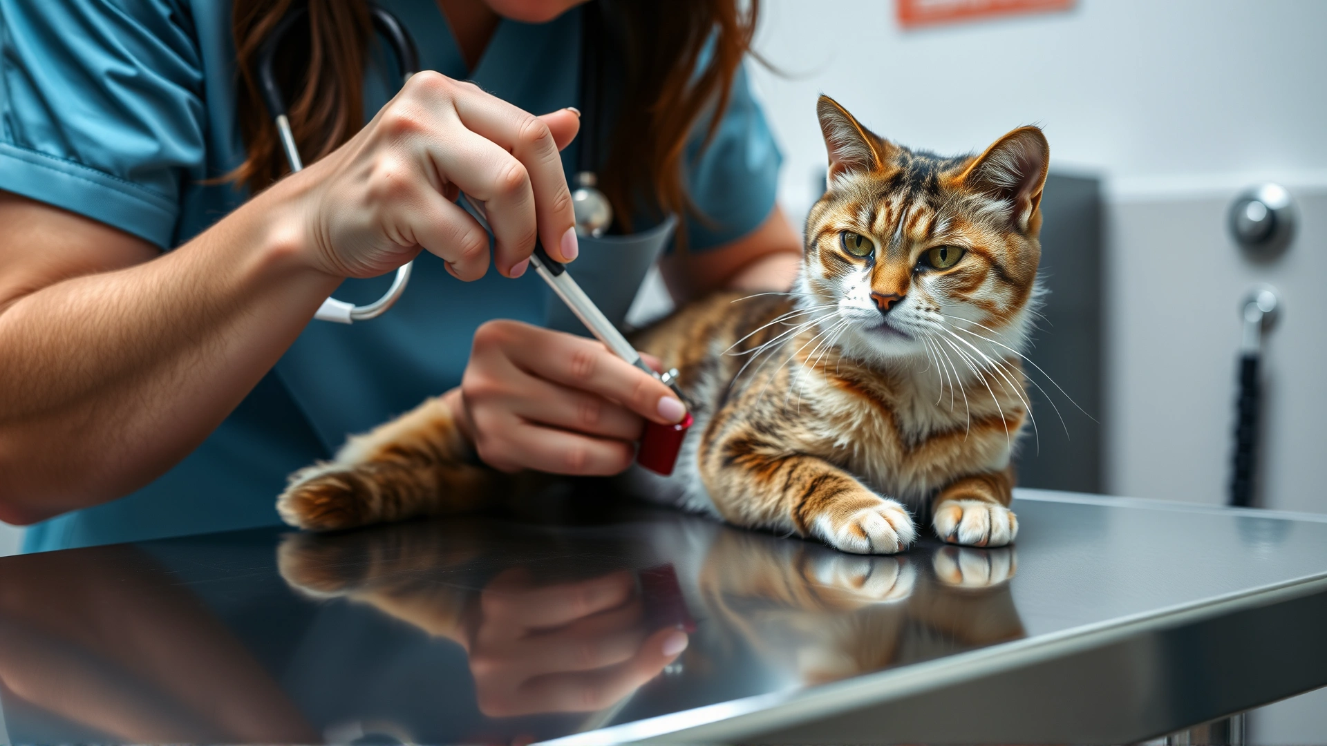 Veterinarian gently drawing blood from a calm cat on a stainless steel exam table, focus on professional technique and calm atmosphere.