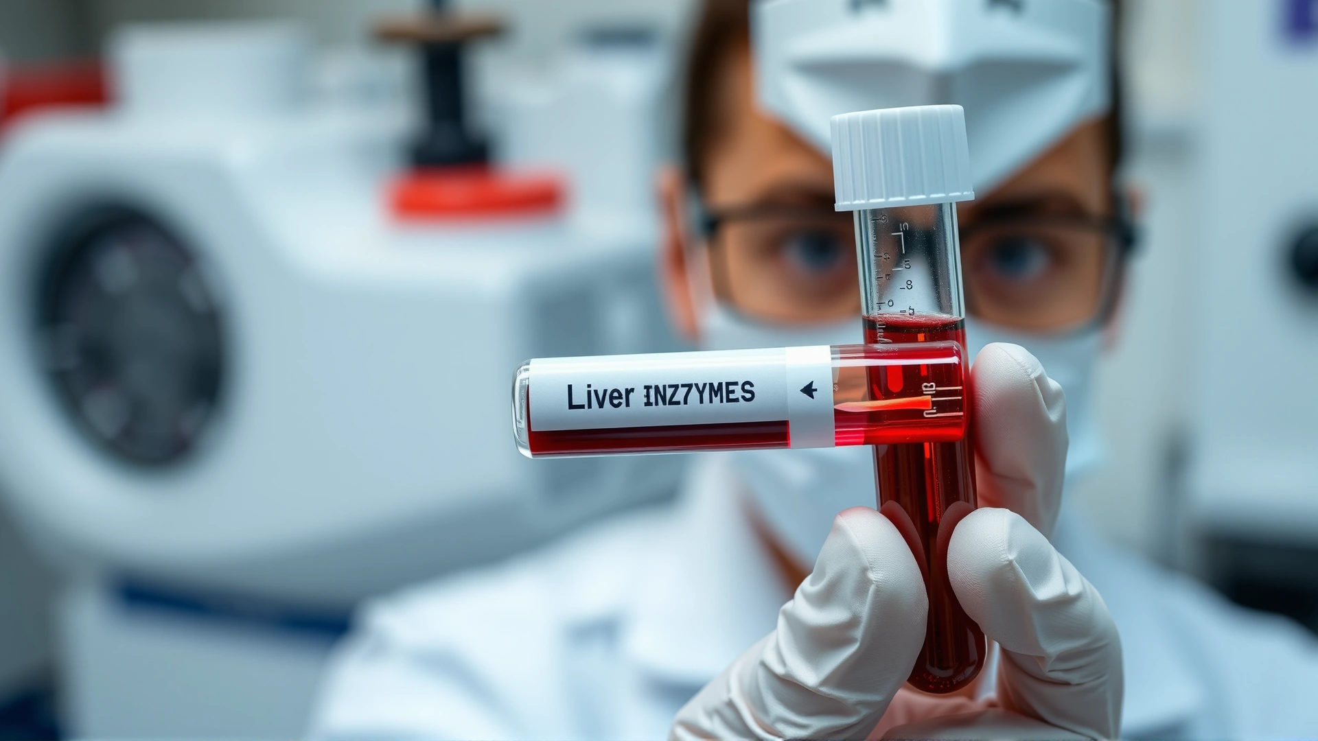 Veterinary lab technician holding a blood sample tube labeled 'Liver Enzymes' in front of an analyzer, focus on the tube, shallow depth of field.