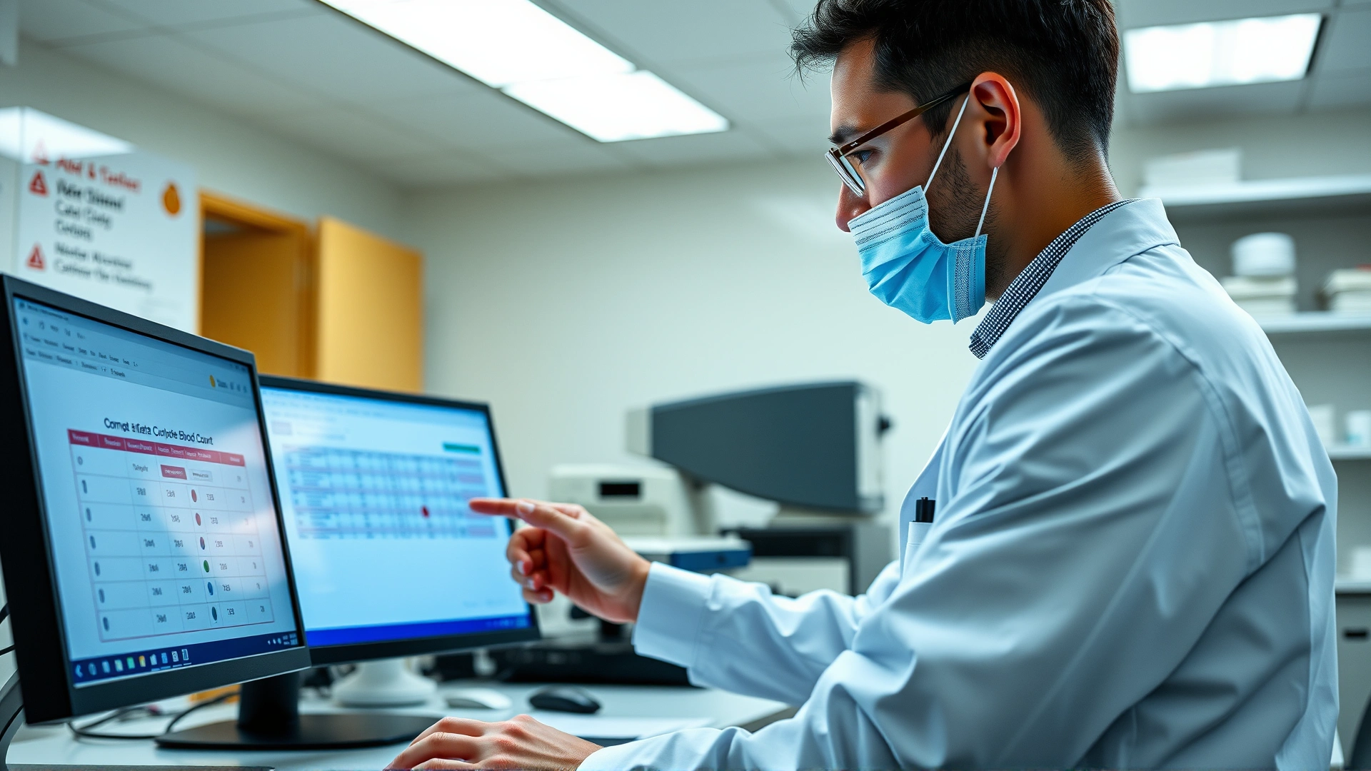 Veterinary technician reviewing a complete blood count report on a computer screen in a clinic laboratory