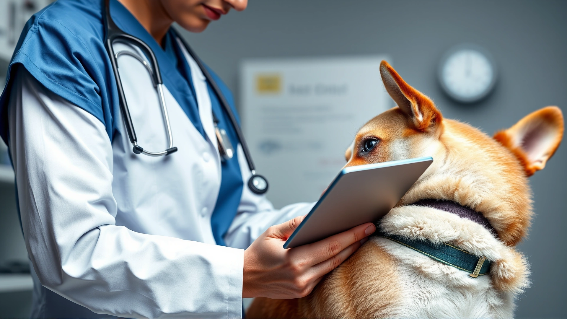 Veterinarian holding a clipboard while examining a dog's abdomen and checking its vitals, clinical environment.