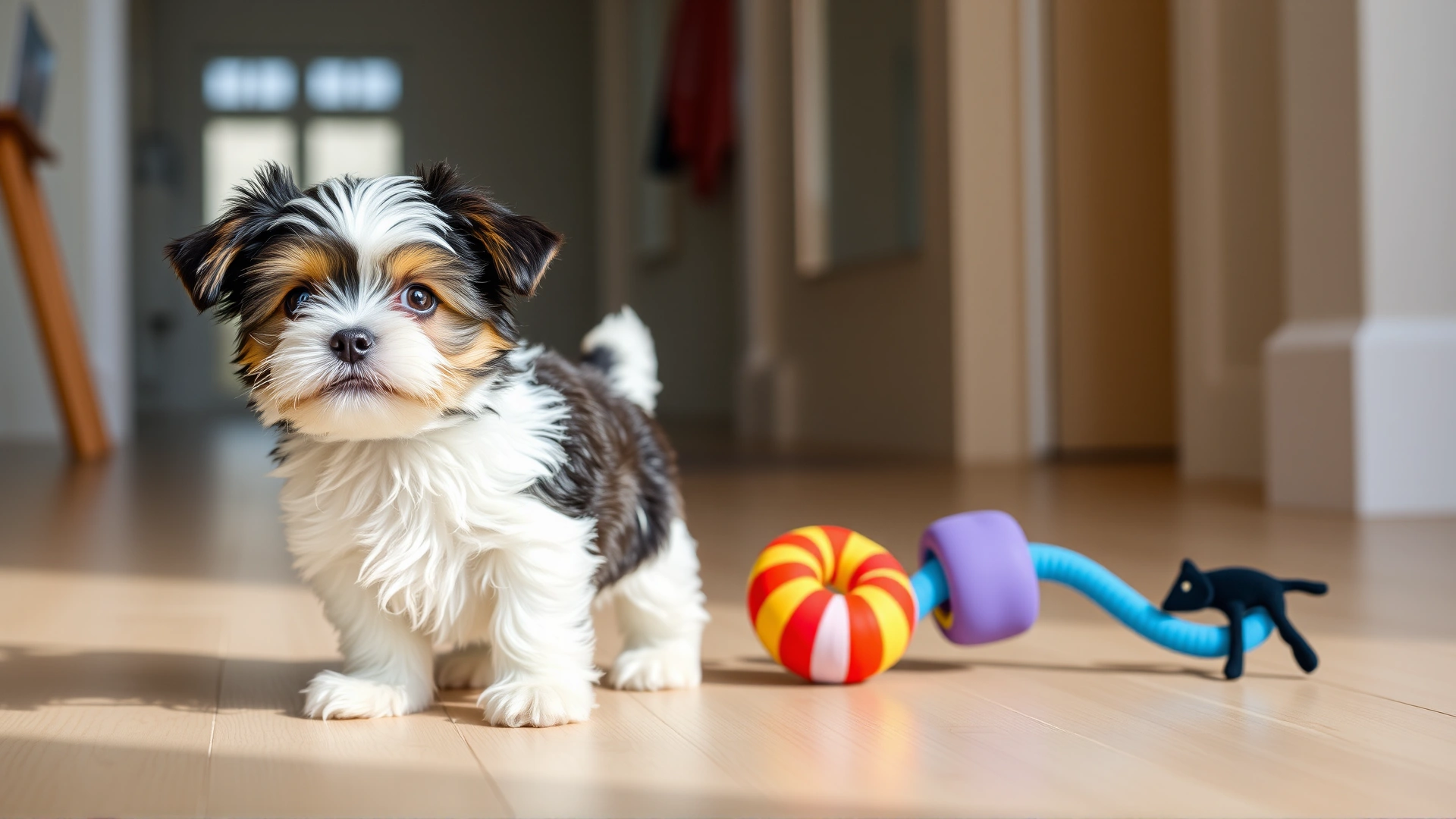 Adorable Morkie puppy standing next to a colorful chew toy on a light wooden floor, playful expression, indoor lighting