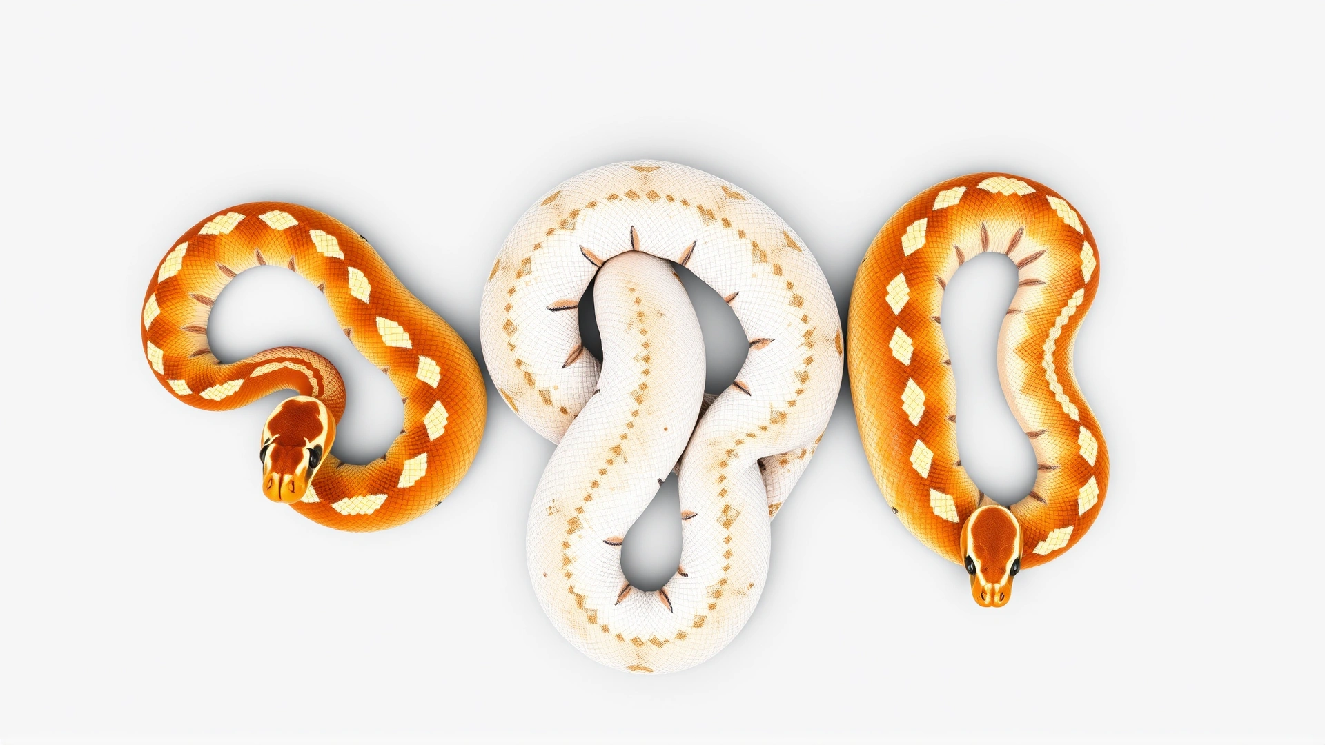 Top-down view of three different milk snake subspecies placed side by side on a neutral gray background to showcase color variation.