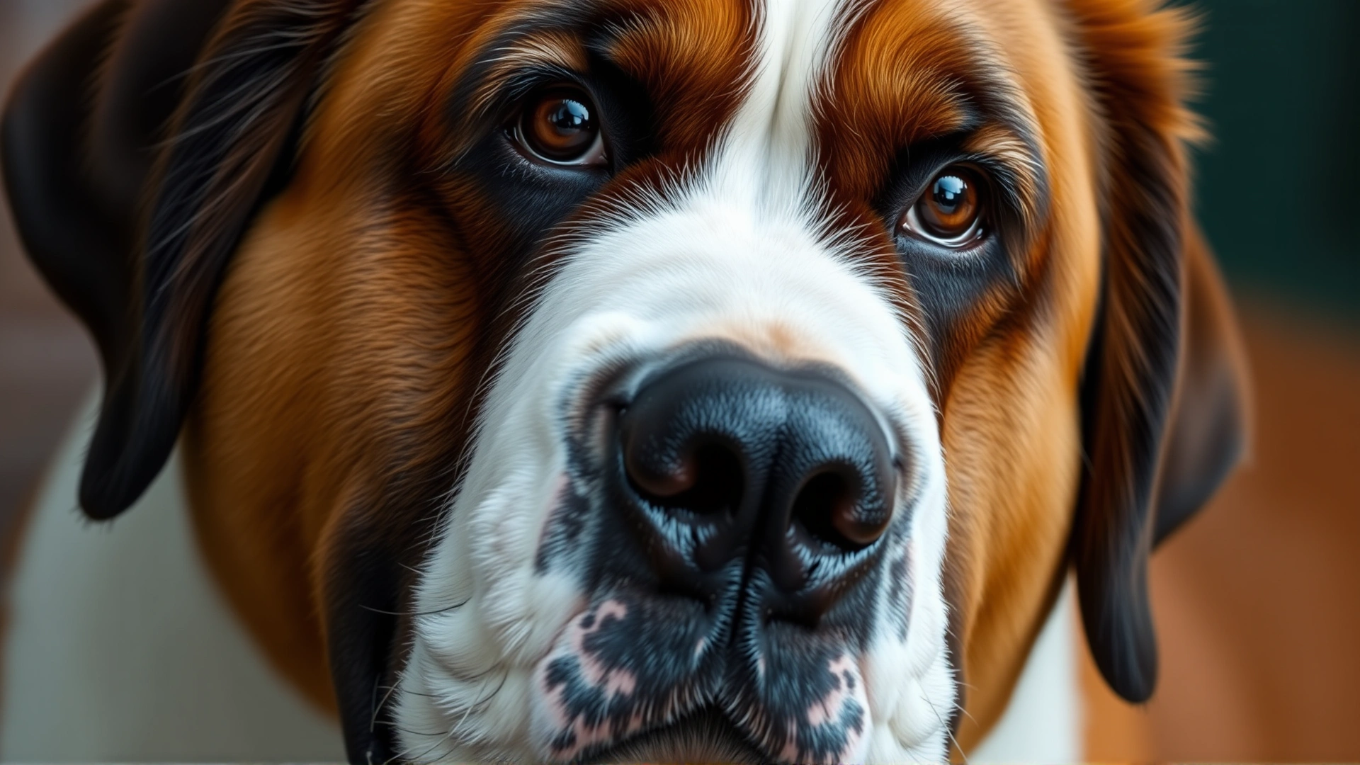 Close-up portrait of a Saint Bernard showcasing its broad head, expressive eyes, and distinctive droopy jowls.