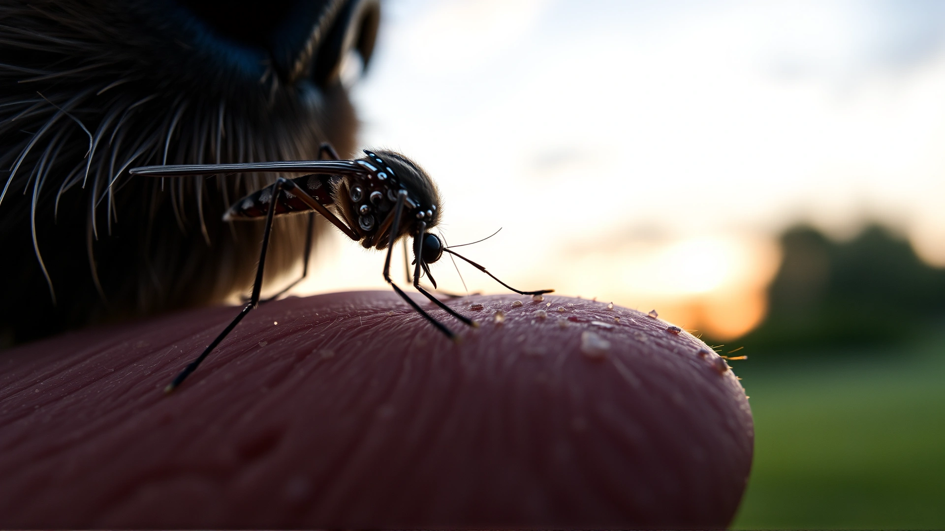 Macro shot of a mosquito feeding on a dog's skin outdoors at dusk, illustrating disease transmission.