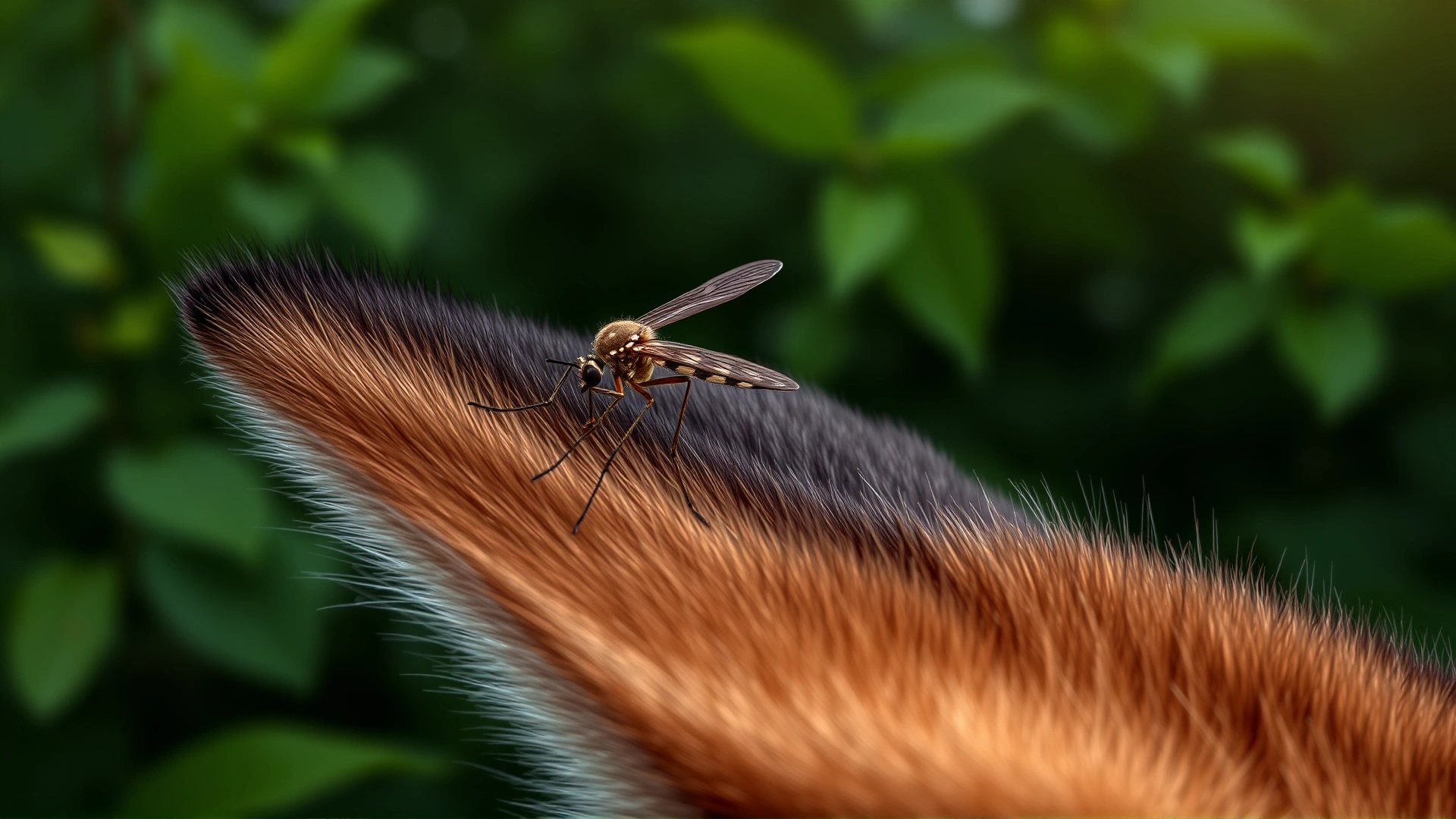 Illustrative photo of a mosquito landing on a cat’s ear with green foliage backdrop.
