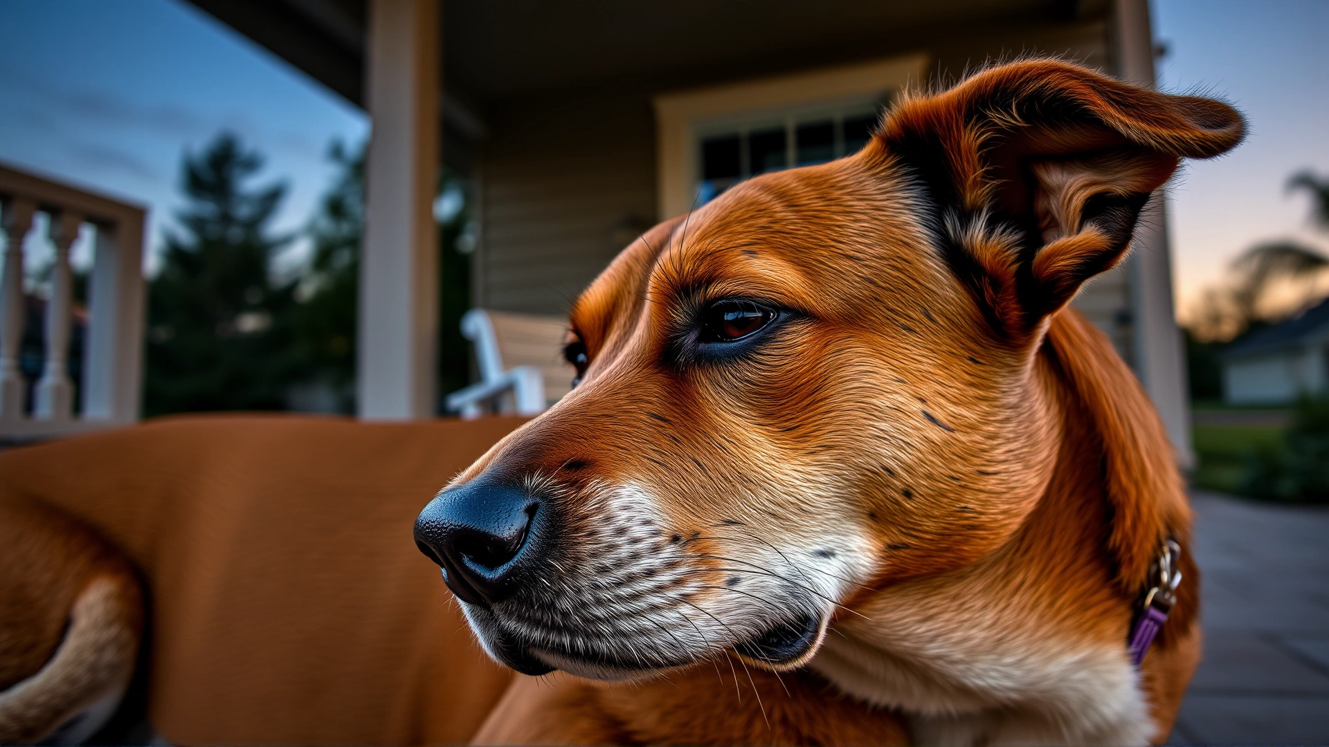 Dog resting on porch at dusk with a visible mosquito on its ear, slight swelling on the ear tip