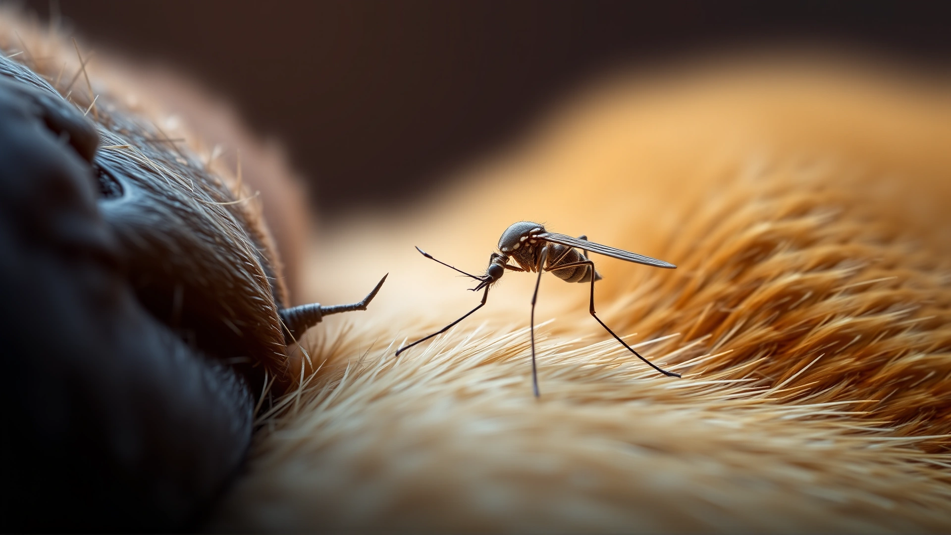 Macro shot of a mosquito inserting its proboscis into a dog's short fur, high detail, blurred background.