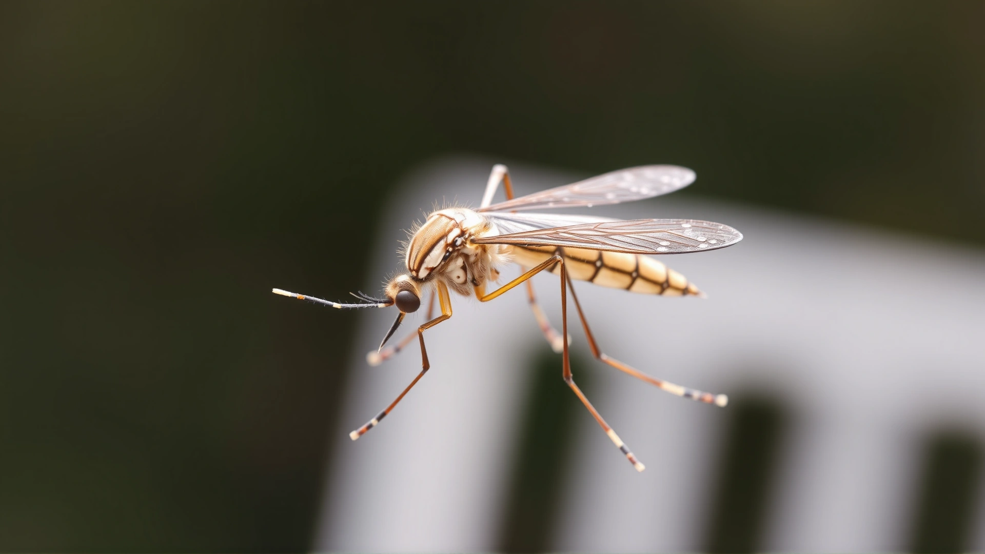 Macro photograph of a mosquito with a blurred outdoor background, highlighting the parasite vector for heartworm