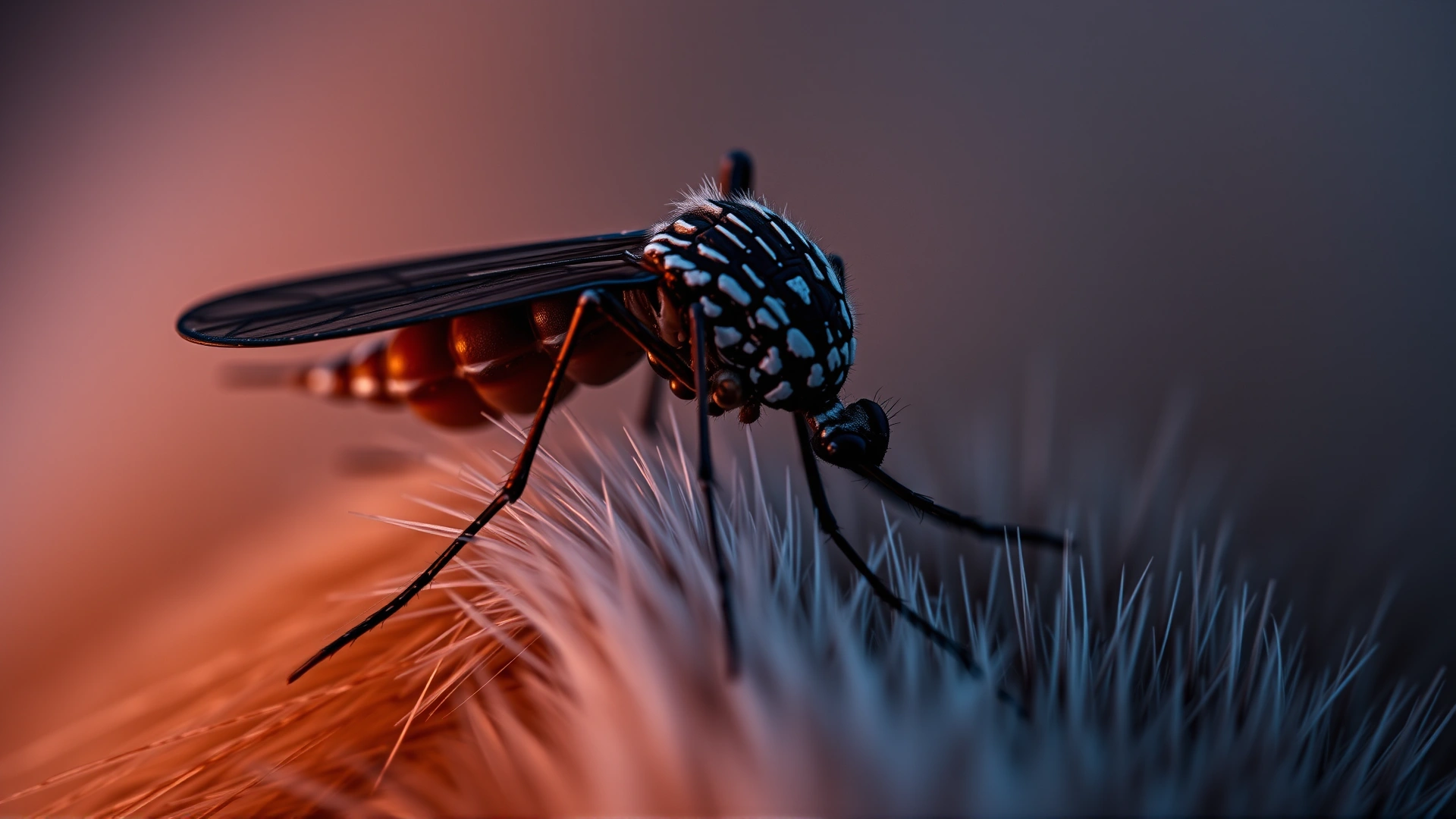 Macro shot of a mosquito on dog fur taken at dusk, highlighting the blood-feeding insect responsible for heartworm transmission.