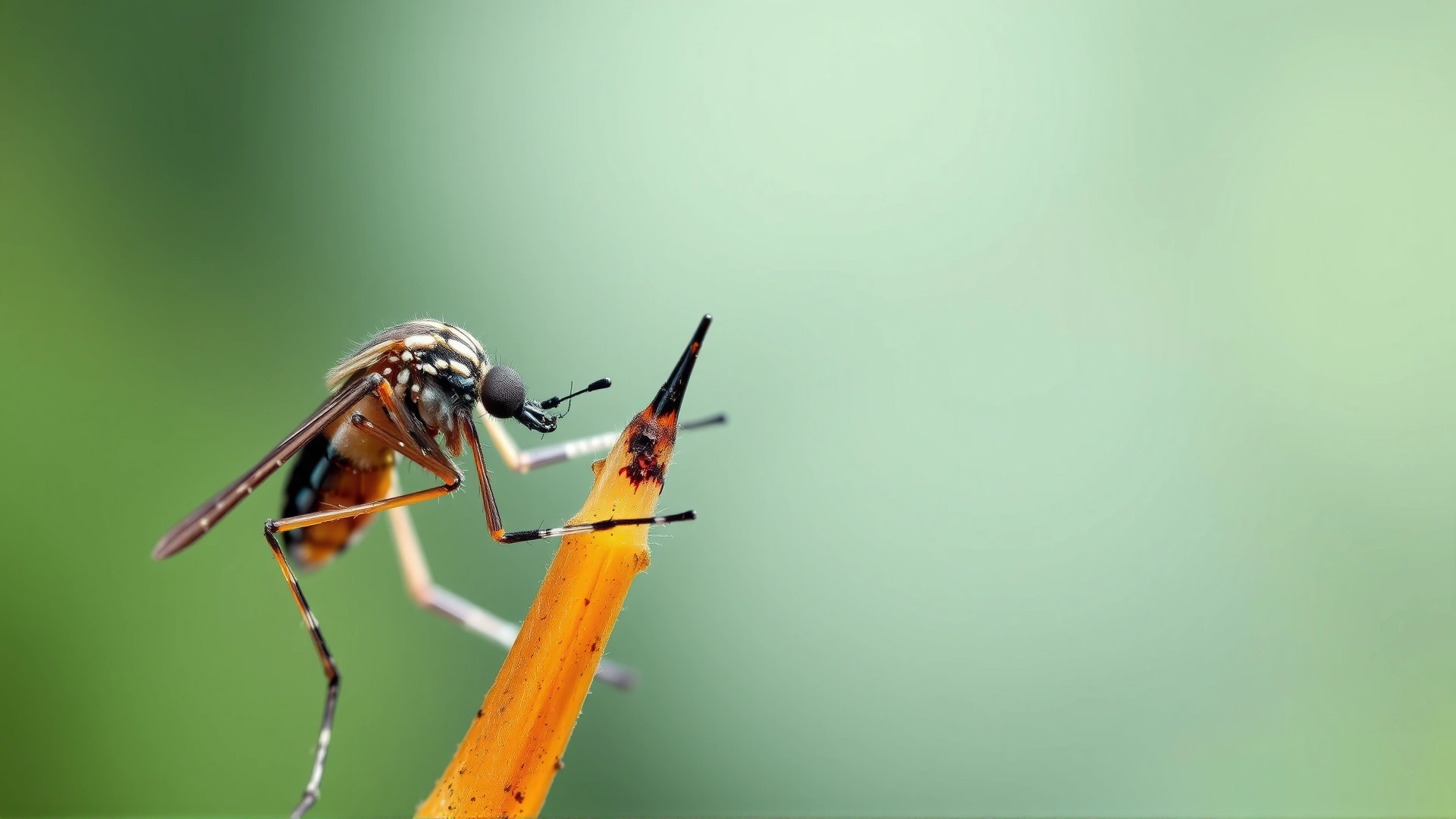 Macro shot of a mosquito feeding, with a blurred natural background, to illustrate how heartworms are transmitted.