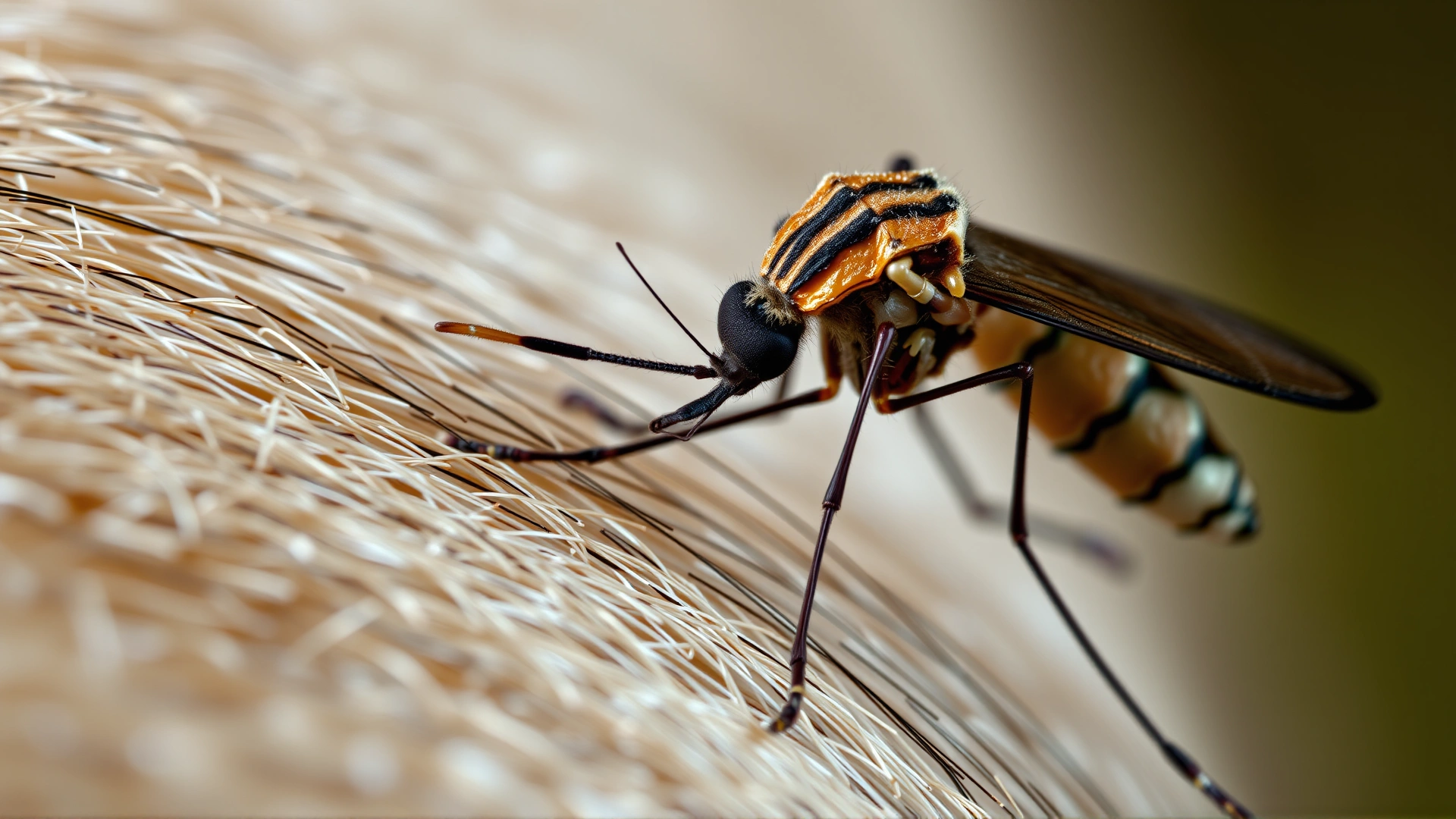 Macro photograph of a mosquito on an animal’s fur, sharp focus on the proboscis to illustrate transmission of heartworms.