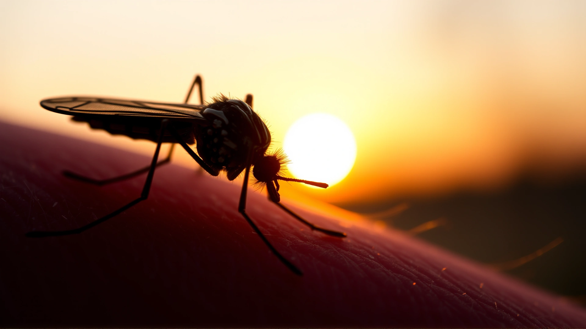 Macro close-up photograph of a mosquito feeding on animal skin during golden hour, high detail emphasizing disease transmission vector.