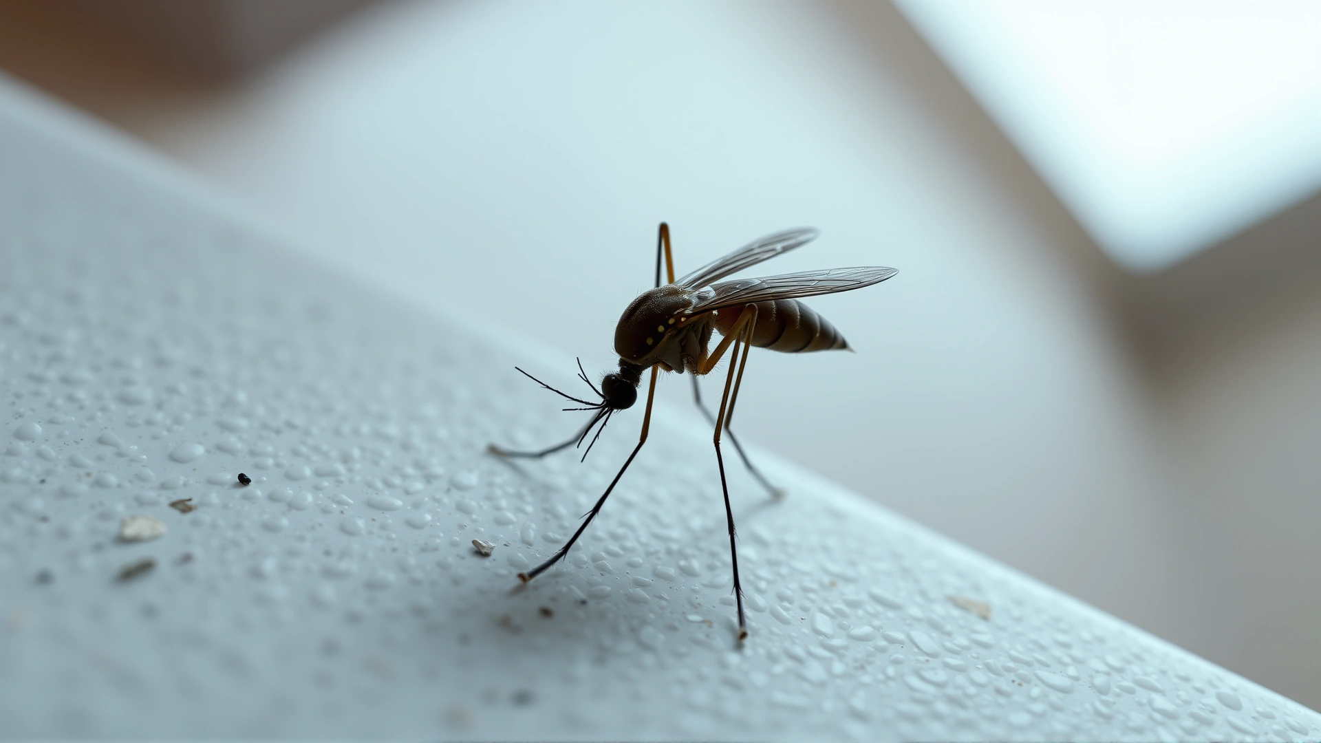 Macro shot of a mosquito resting on an indoor wall, shallow depth of field, no text
