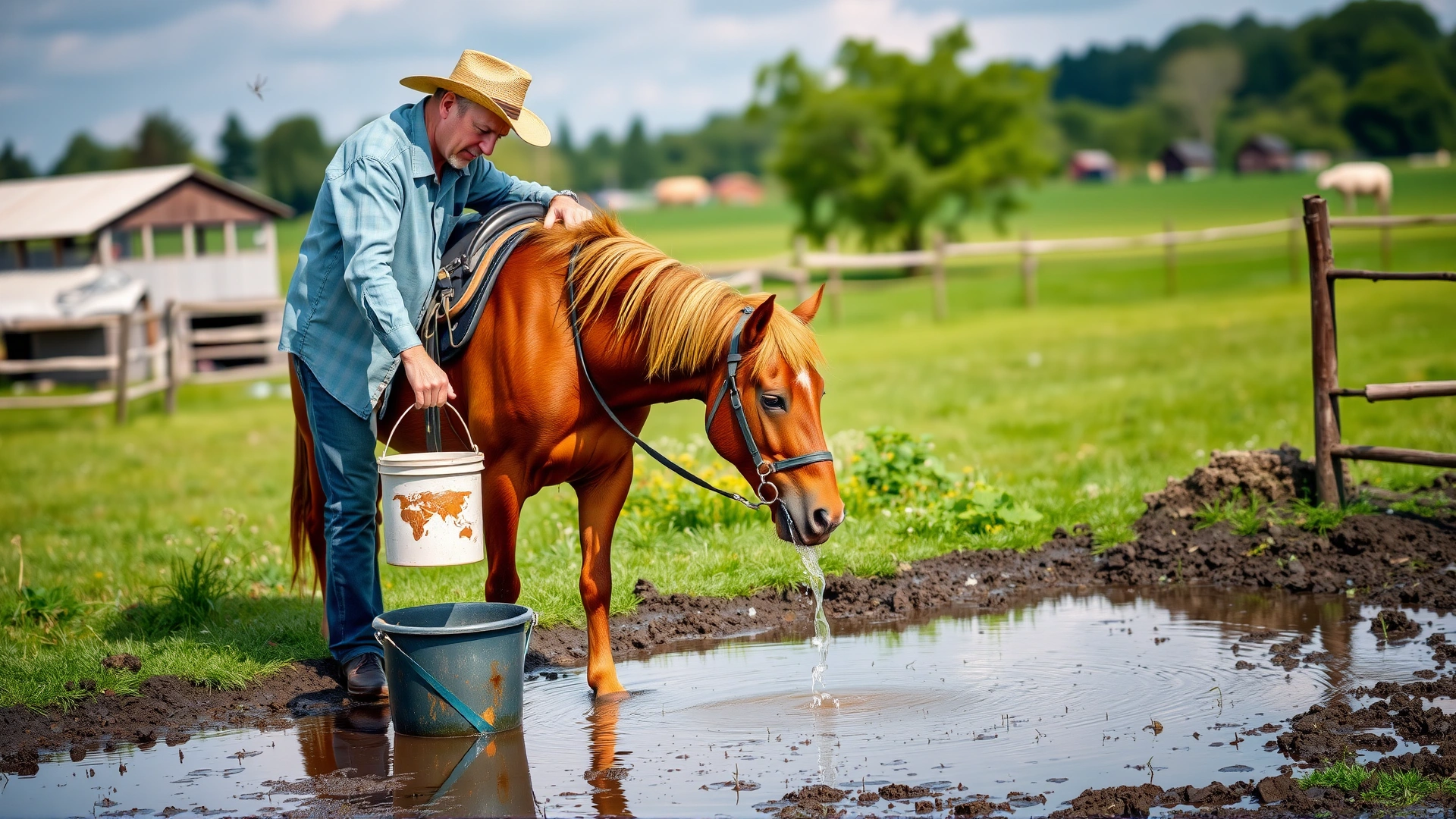 Horse owner tipping a bucket to empty stagnant water on a farm, demonstrating mosquito control measures.