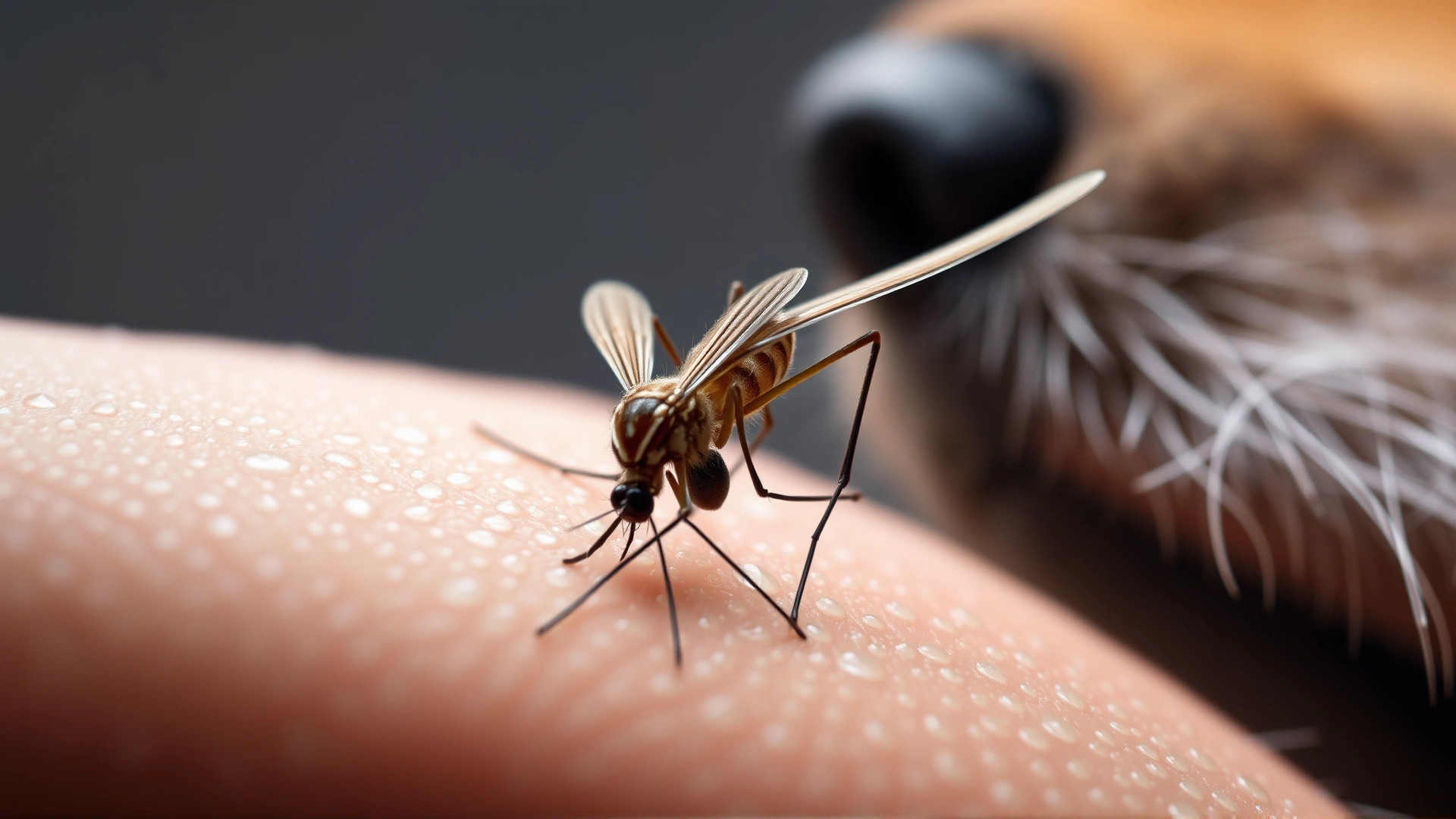 Macro shot of a mosquito feeding on dog skin with soft background, illustrating the transmission of heartworm larvae.