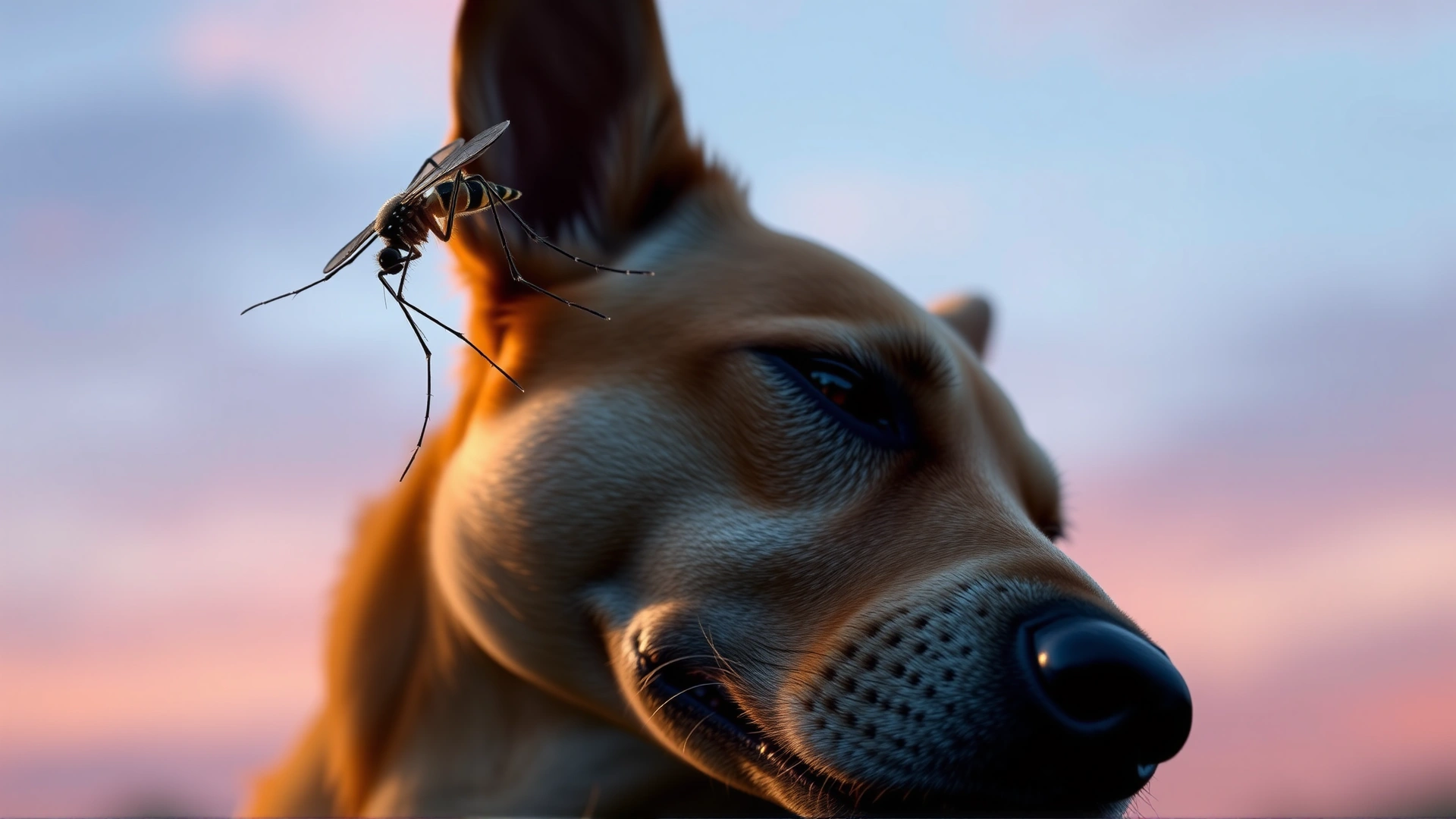A mosquito hovering over a relaxed dog at dusk, illustrating heartworm transmission risk.