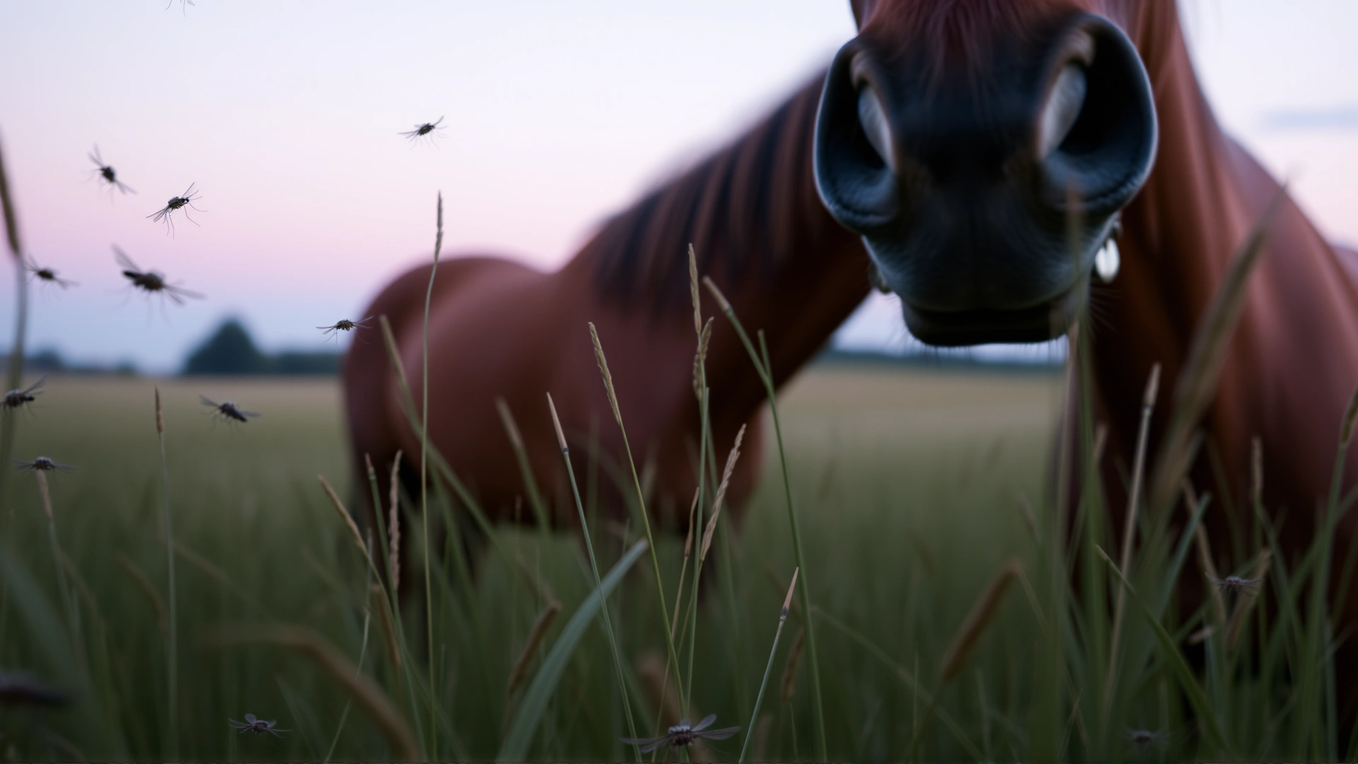 Close-up of a horse in a grassy field at dusk with visible mosquitoes around, highlighting insect transmission risk