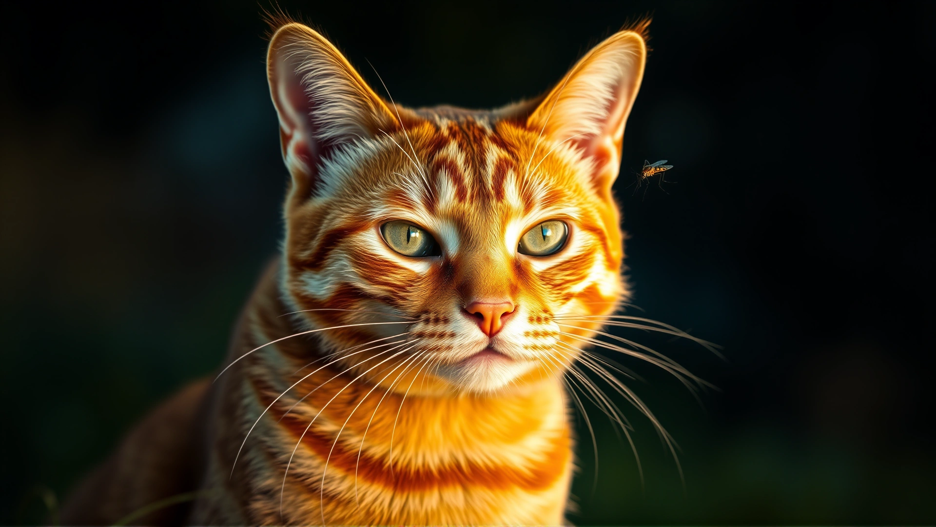 Photograph of an orange tabby cat sitting outdoors at dusk with a mosquito hovering near its ear, shallow depth of field highlighting the cat and insect, warm lighting