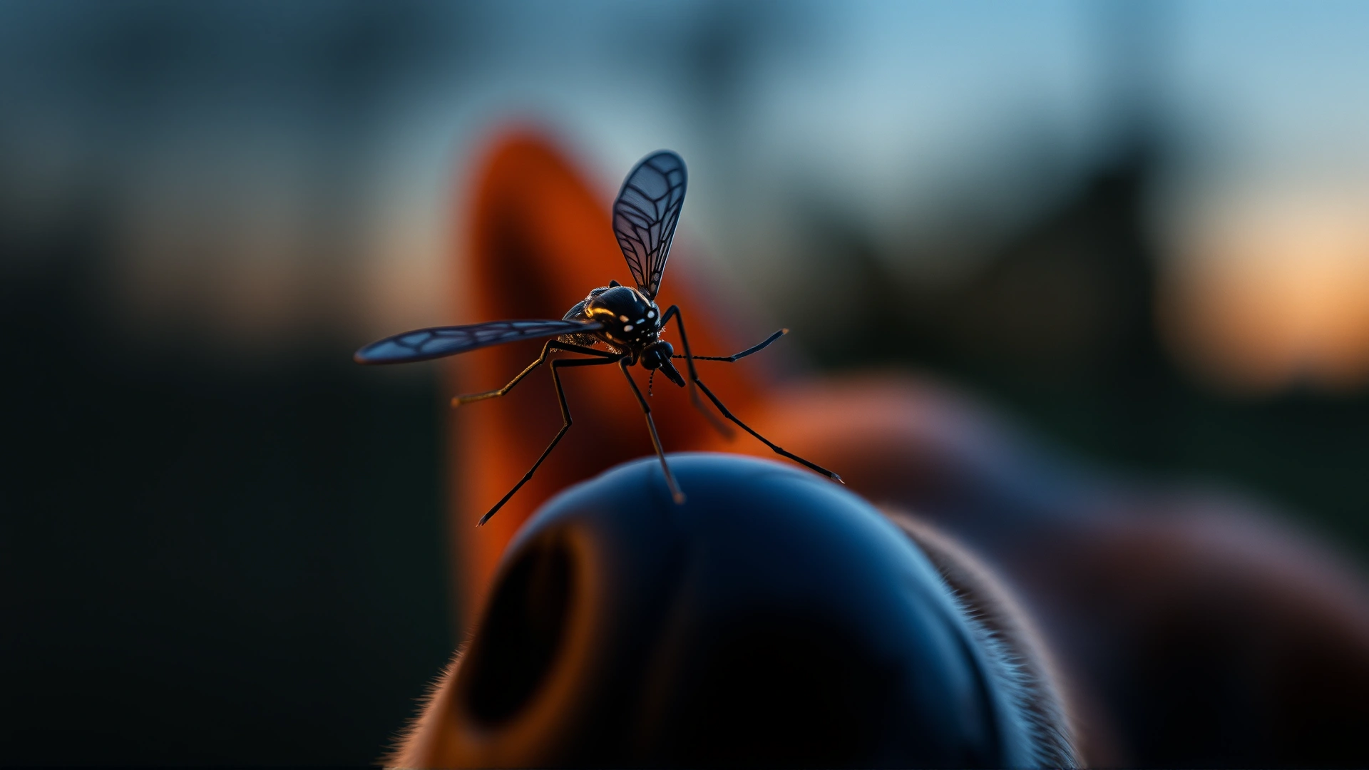 Close-up of a mosquito hovering near a dog's ear outdoors at dusk, shallow depth of field, no text