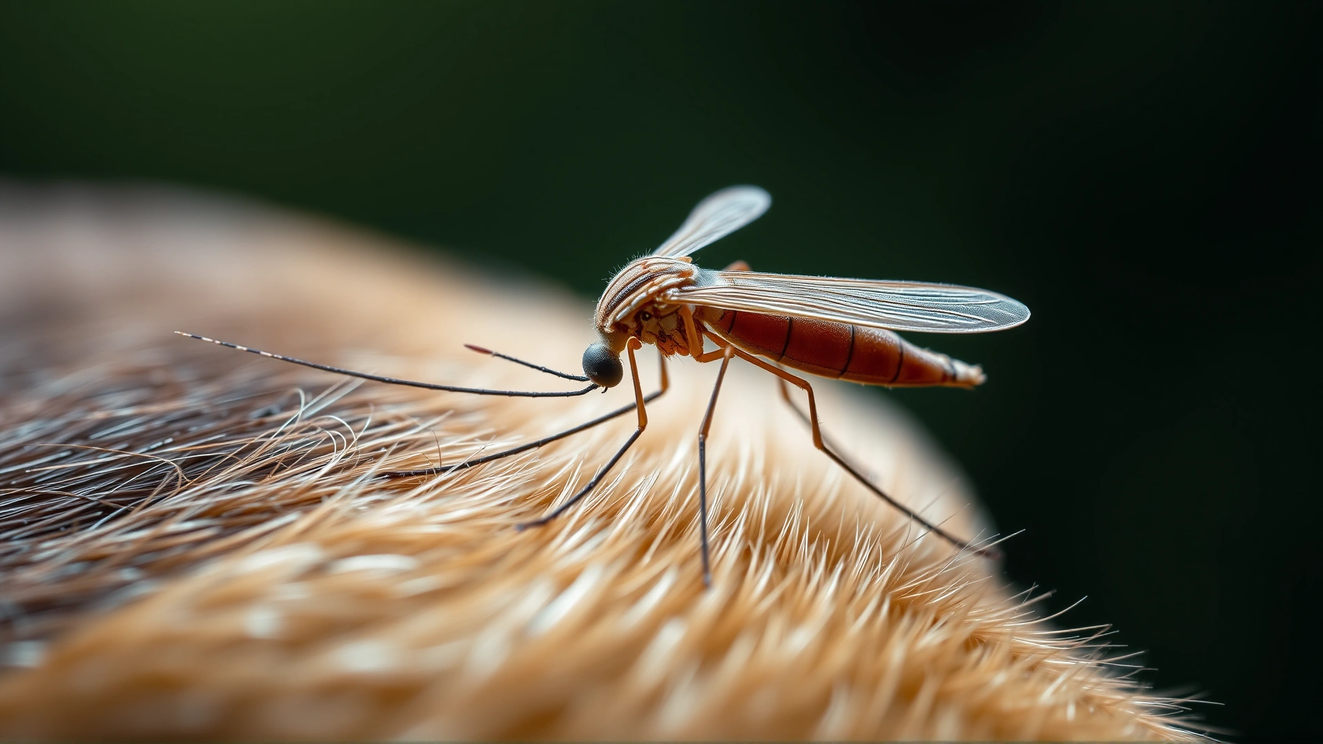 Macro shot of a mosquito feeding on a dog's fur-covered skin, highlighting the mode of heartworm transmission. High detail, shallow depth of field.
