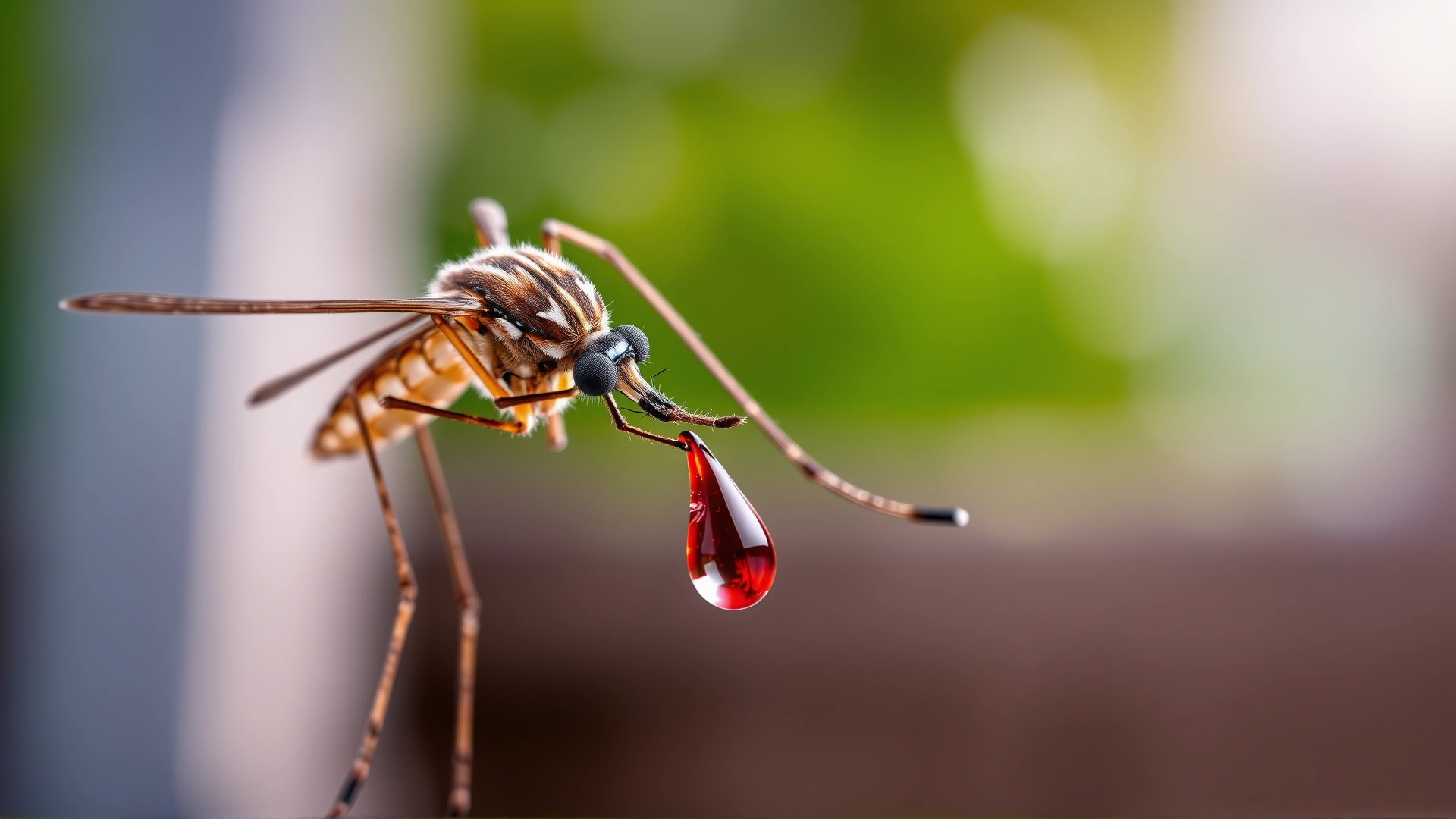 Macro shot of a mosquito with a droplet of blood at the tip of its proboscis, set against a blurred outdoor background; visually explains vector transmission.