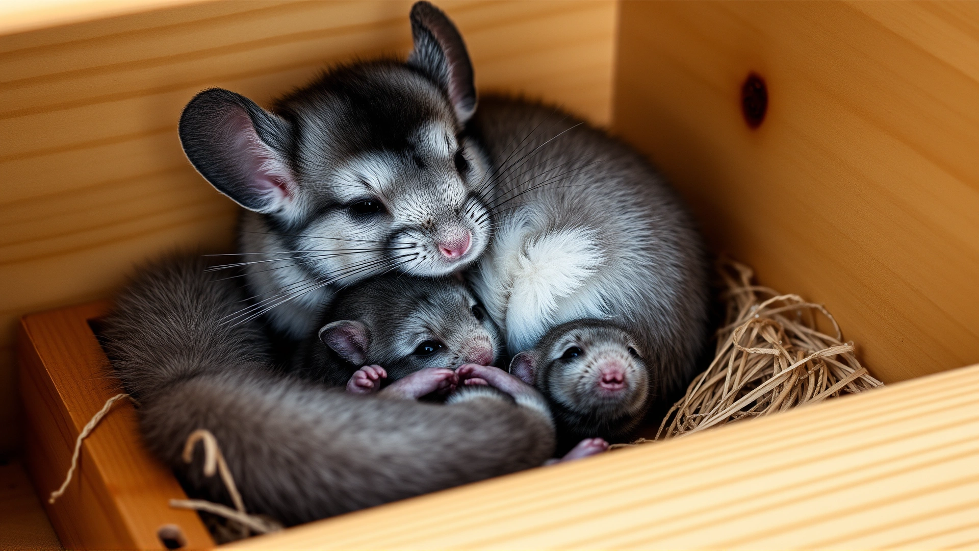 A calm female chinchilla cuddling her two newborn kits inside a wooden nesting box, evoking maternal care