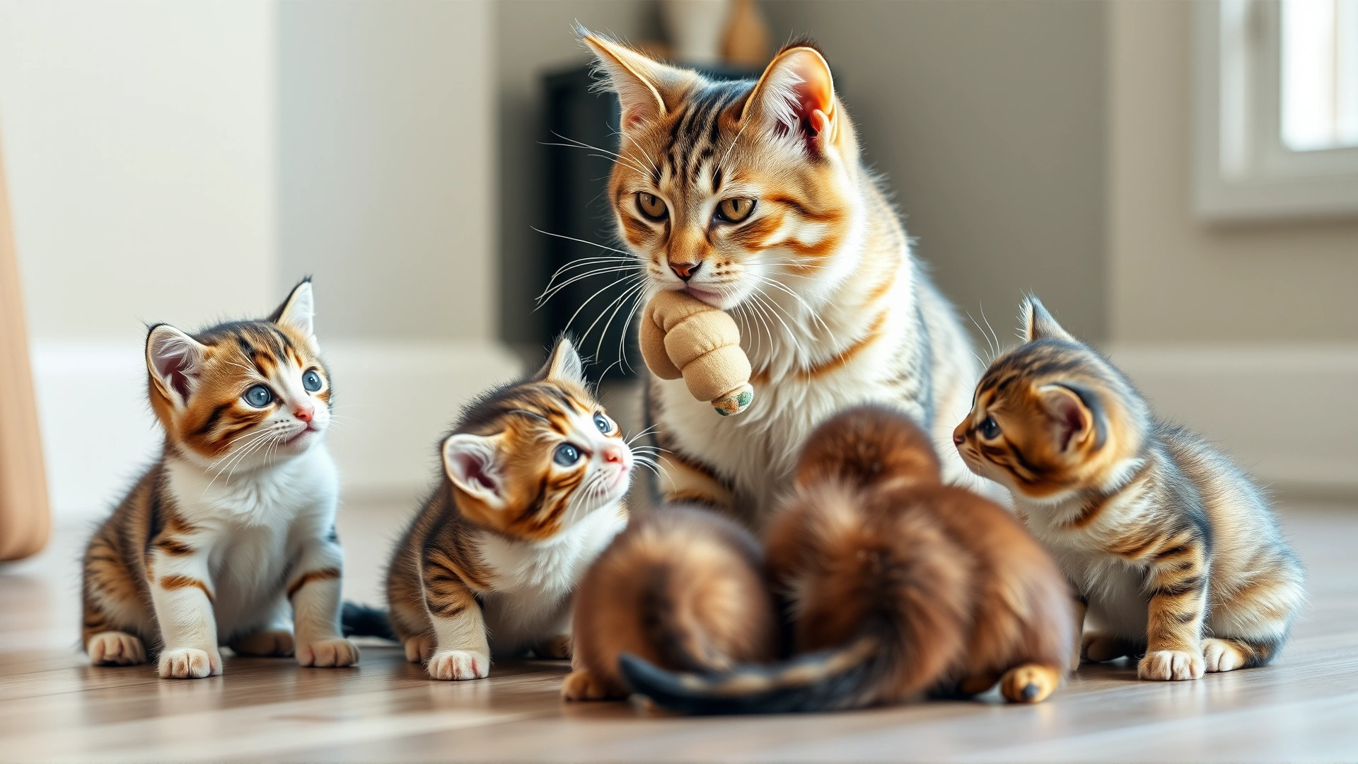 A mother cat sitting with three playful kittens, appearing to teach them with a soft toy in her mouth, indoors, natural lighting.