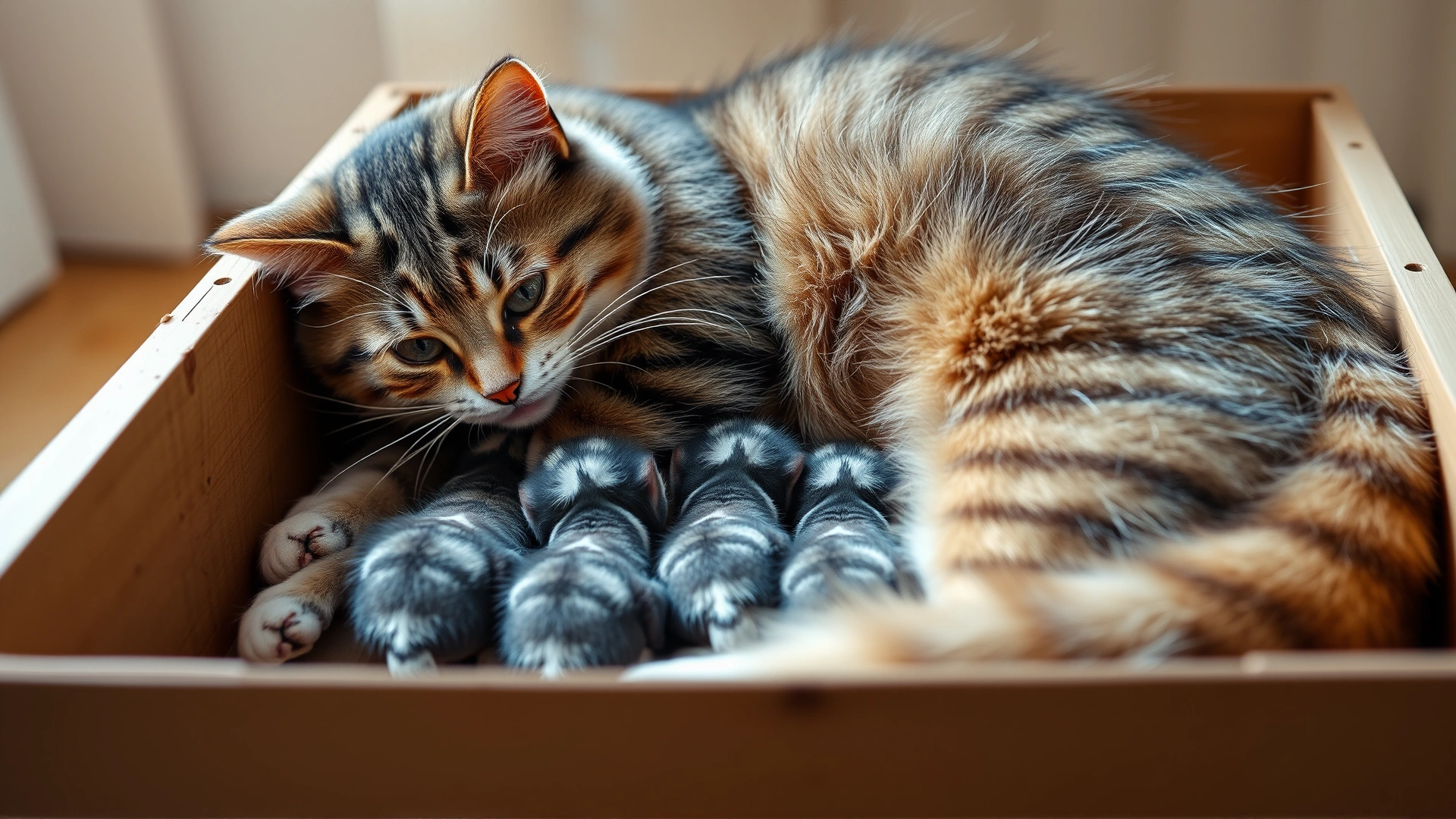 Mother cat lying in a box with three nursing kittens, her body curled protectively around them; soft daylight, intimate perspective
