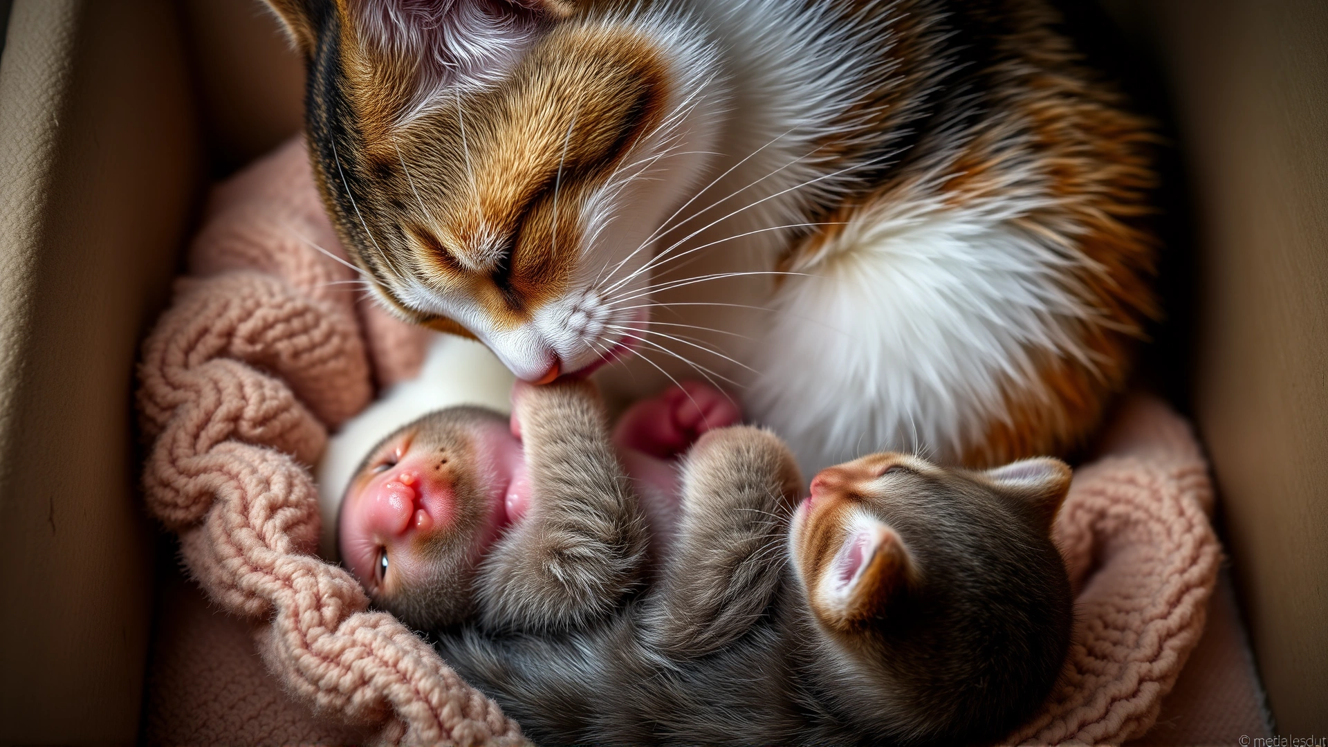 Mother cat gently licking the umbilical cord area of a newborn kitten in a soft nesting box, demonstrating natural severing of the cord.