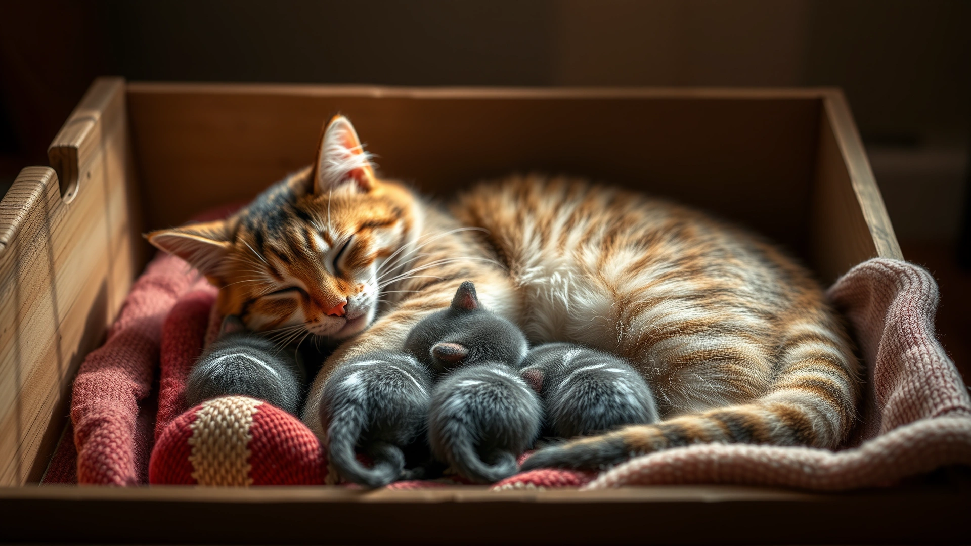 A mother cat peacefully nursing a litter of newborn kittens in a cozy blanket-lined box, warm indoor lighting.