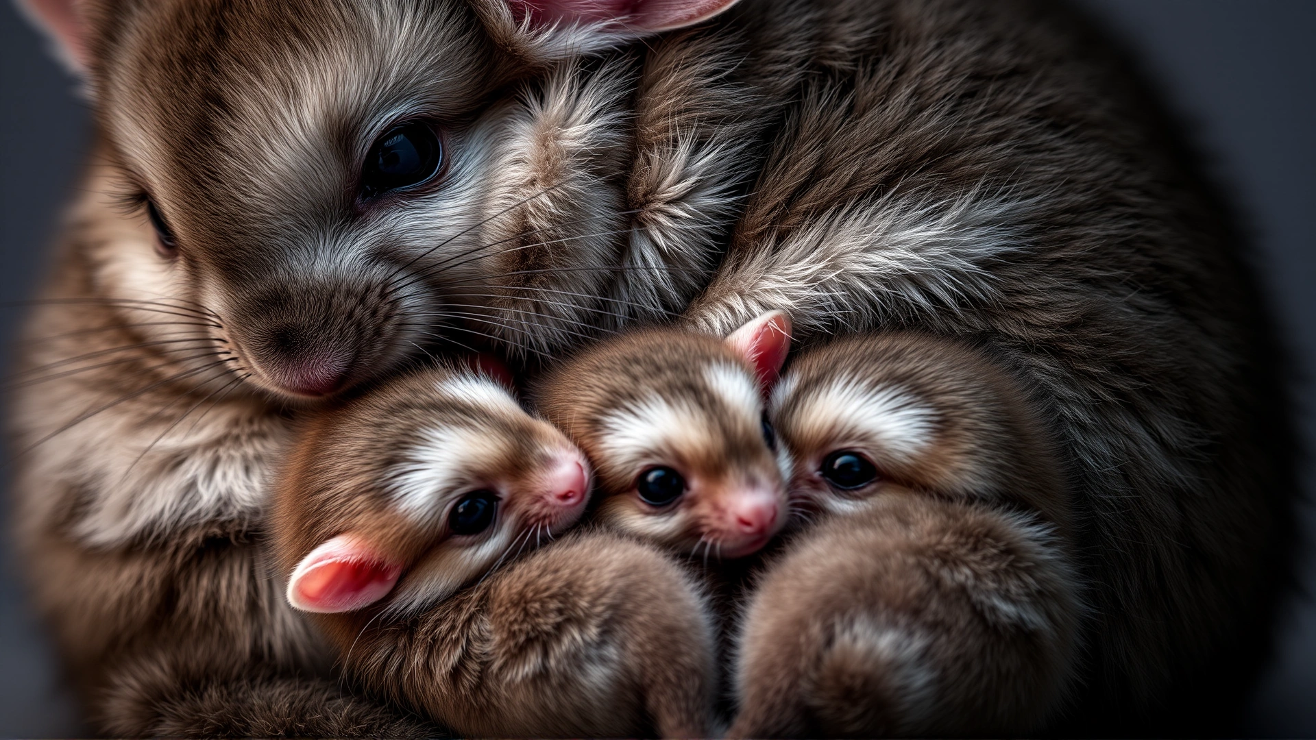 Close-up of a mother chinchilla cuddling her newborn kits, showcasing healthy fur and relaxed posture, studio lighting