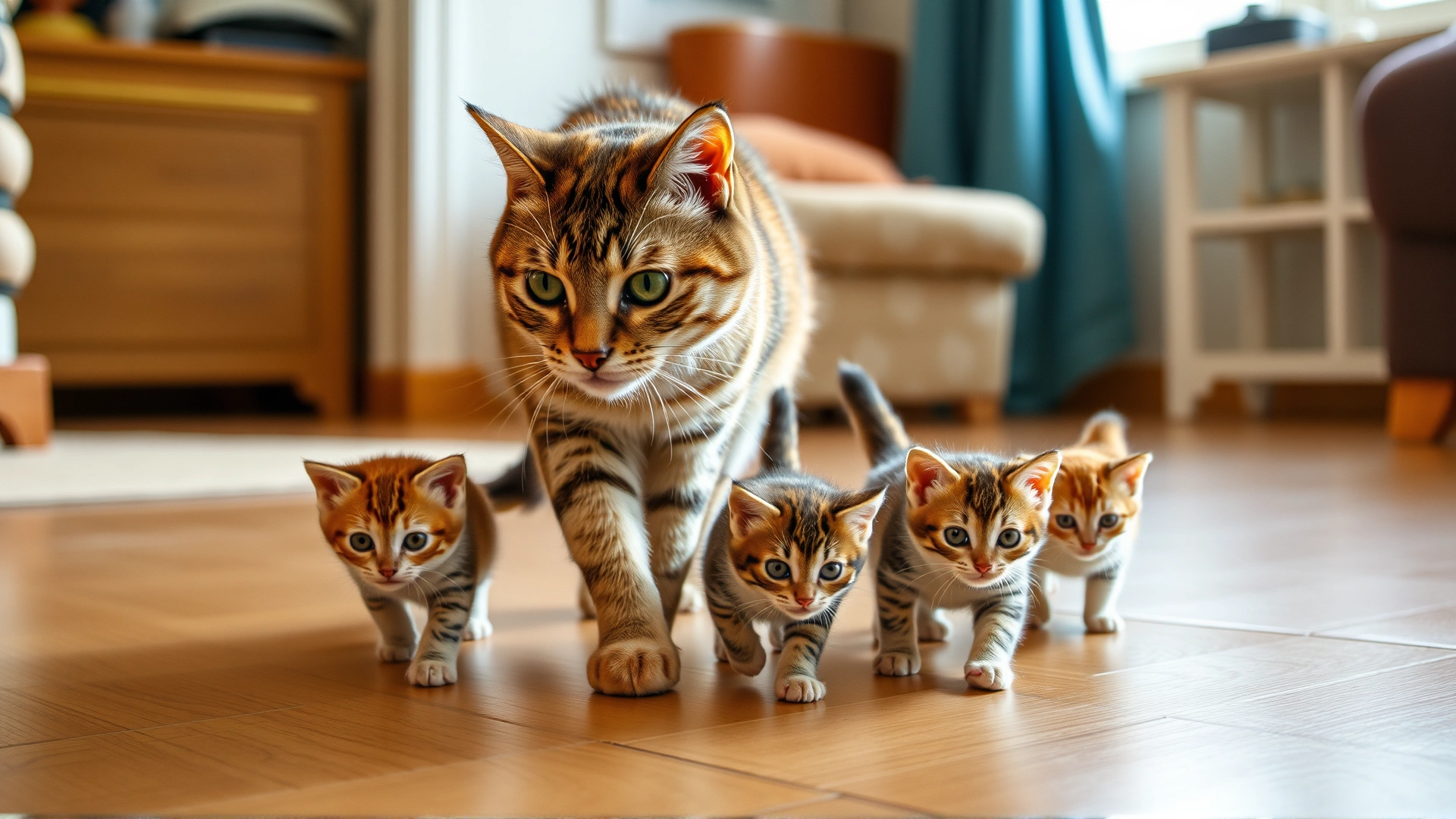 Mother cat leading a line of small kittens across a cozy room, highlighting instinctual following behavior