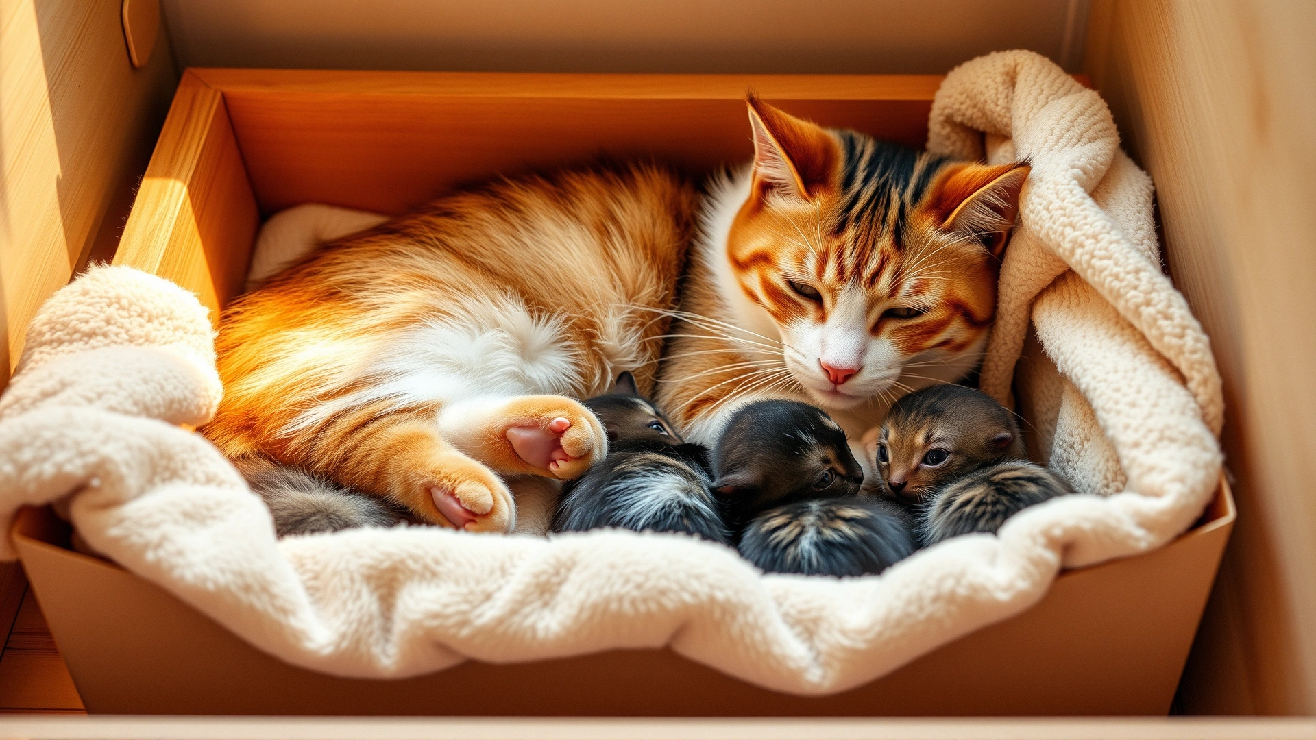 Warm household scene of a healthy mother cat nursing her kittens in a clean, comfortable box with soft blankets, conveying recovery and bonding. No text.