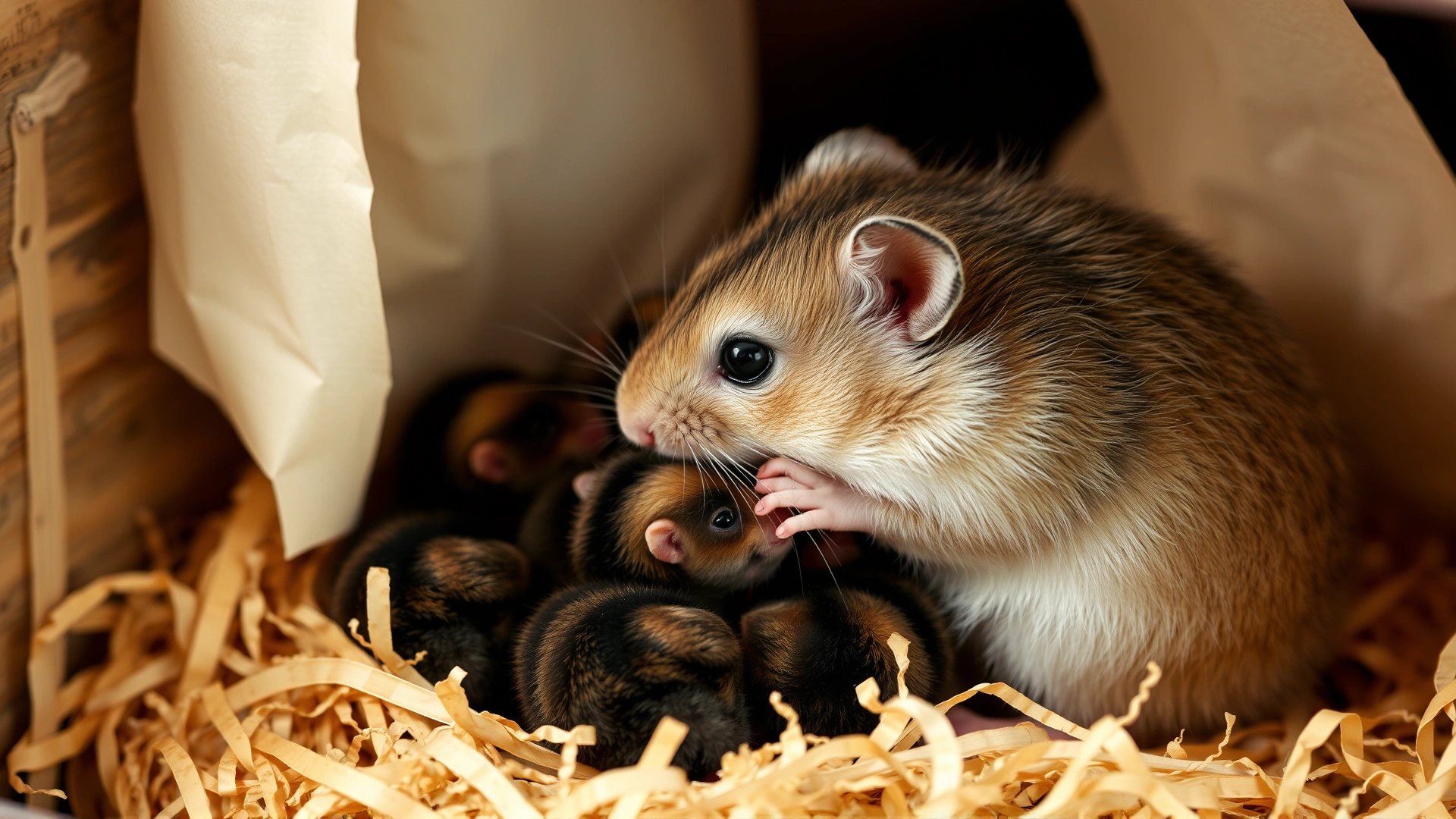 Domestic hamster gently grooming her litter of babies in a nesting area made of shredded paper, tender moment