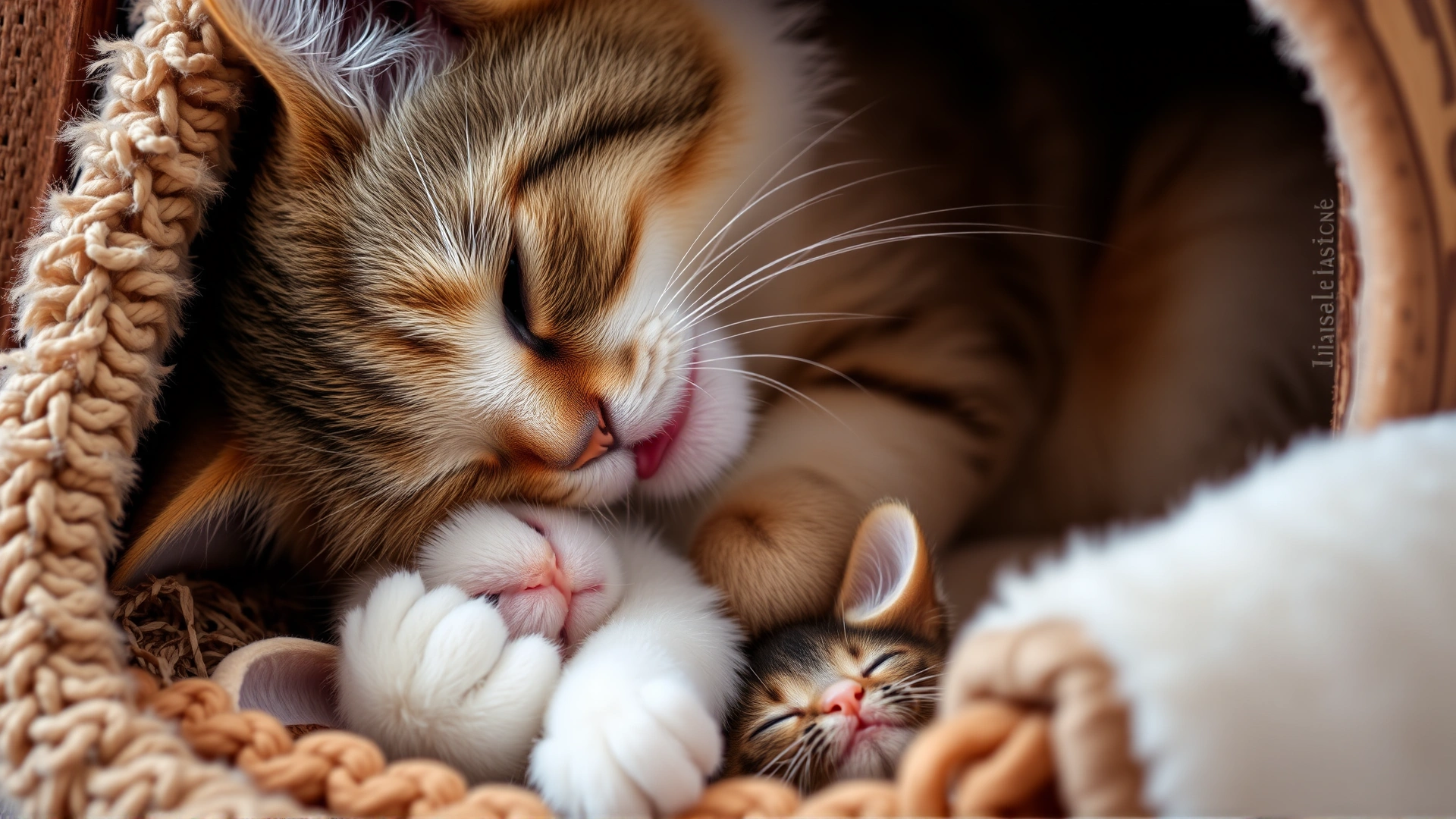 Mother cat tenderly licking a tiny kitten inside a comfortable nesting box, highlighting early learned behavior.