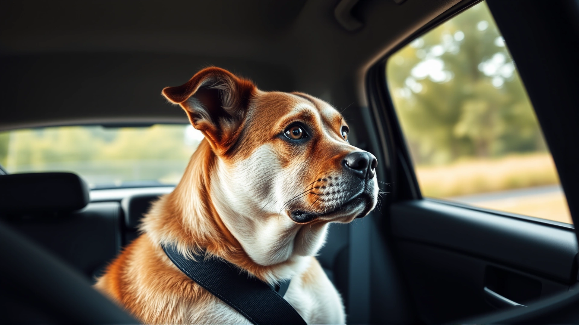 Dog sitting in the back seat of a car looking out of the window, slightly concerned expression, seatbelt harness visible, daylight