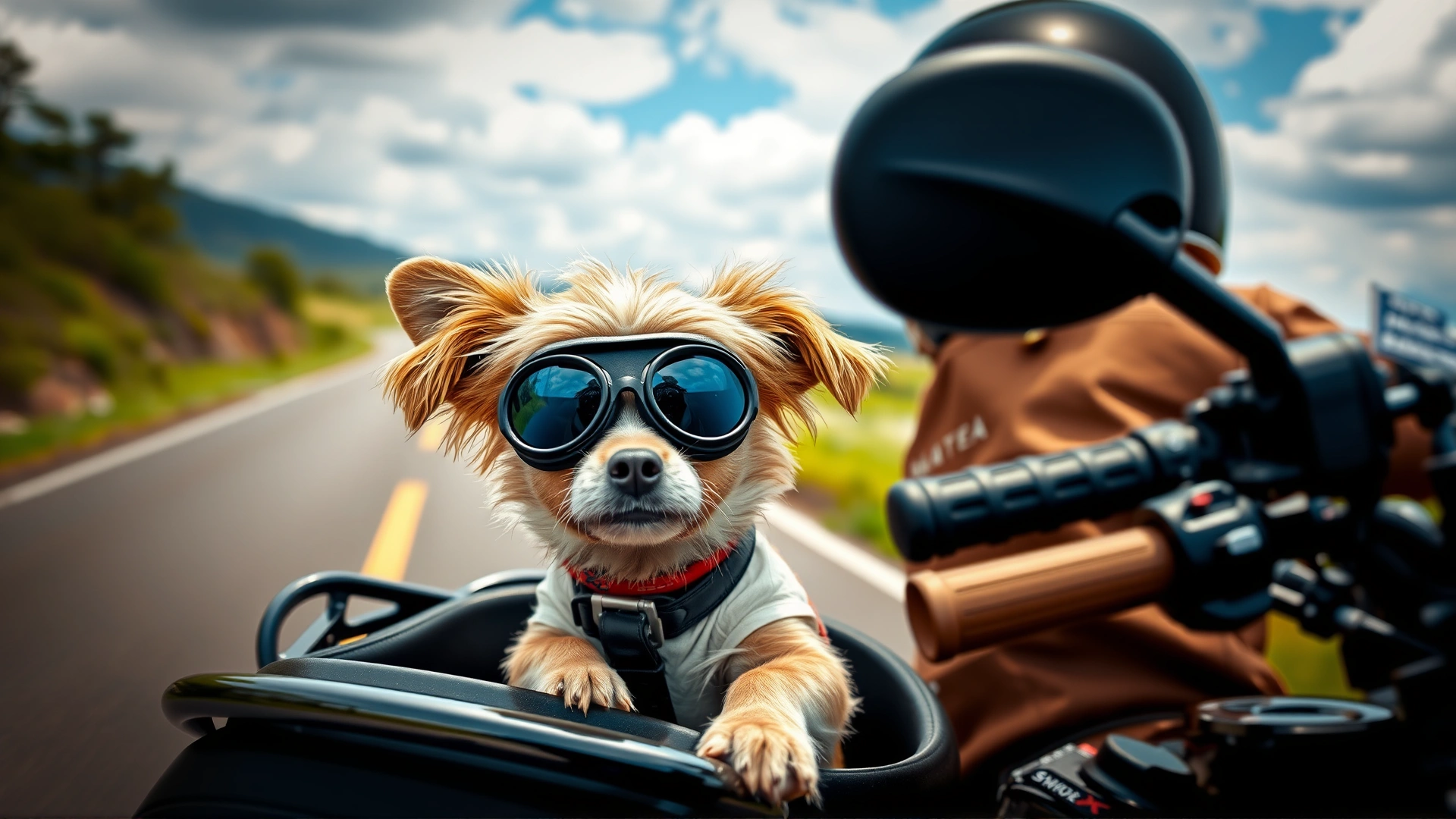 Small dog wearing goggles and sitting in a motorcycle sidecar during a scenic road ride.